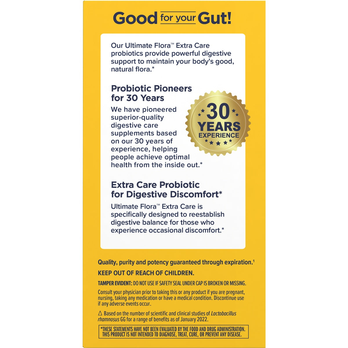 RNL229 | Brand infographic for Ultimate Flora Extra Care probiotics highlighting 30 years of experience and digestive support