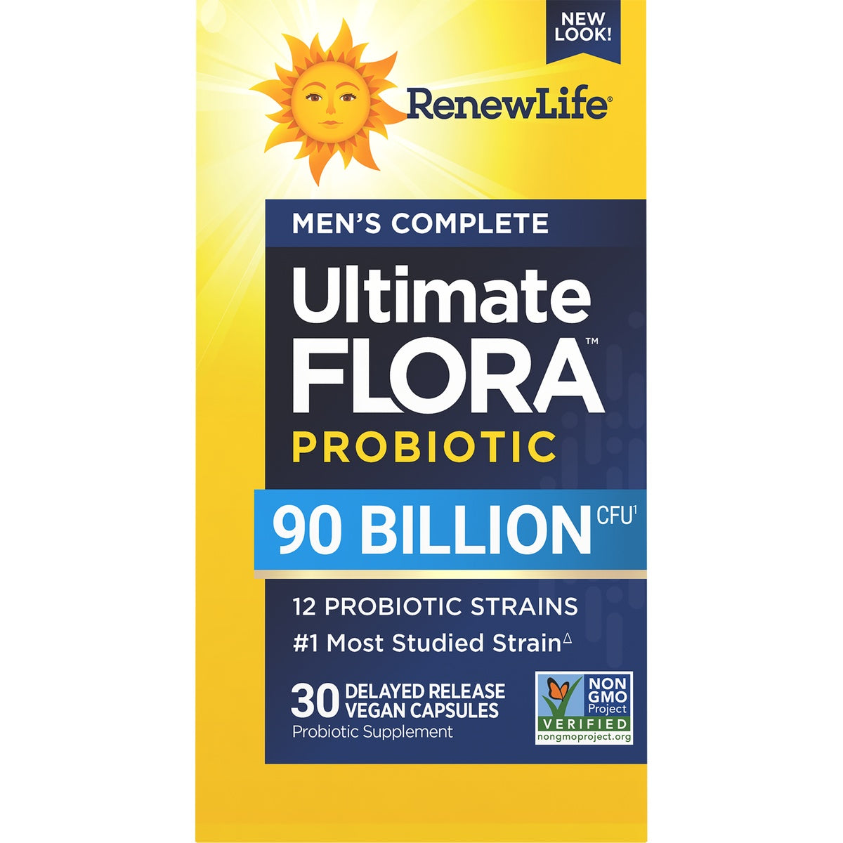 RNL241 | RenewLife Men's Care Probiotic bottle and box labeled 90 billion live cultures, 12 probiotic strains, 30 vegetarian capsules