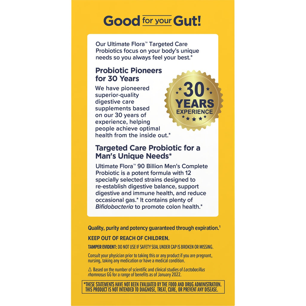 RNL241 | Supplement infographic highlighting men’s probiotic benefits, 30 years of experience, and usage warnings - Thumbnail