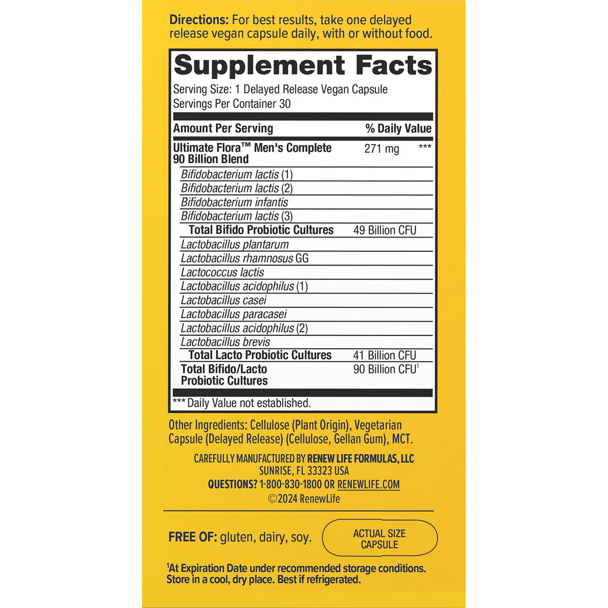 RNL241 | Supplement Facts panel for delayed release vegan capsules with directions, ingredients, and probiotic strains