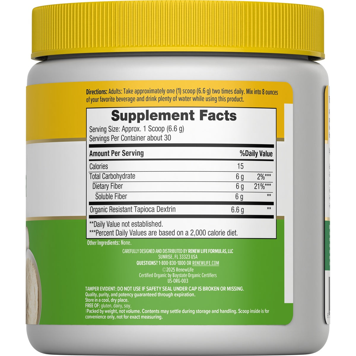RNL245 | Back label showing Supplement Facts, directions, barcode and distributor information on white jar with yellow lid