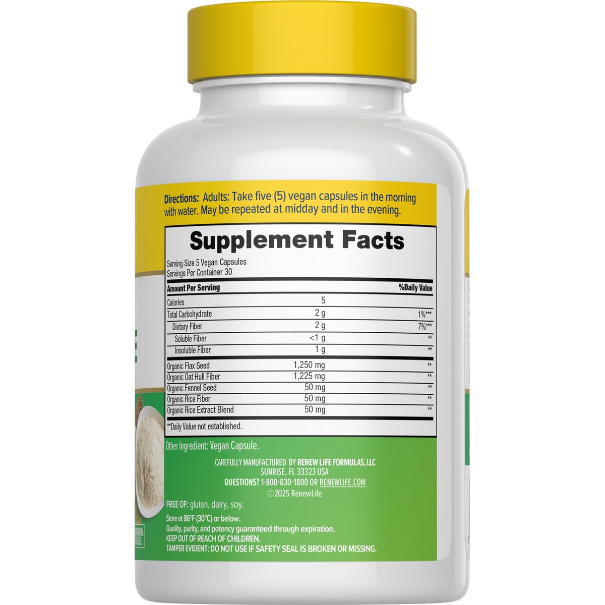 RNL244 | back of white supplement bottle showing Supplement Facts panel, yellow cap, Non-GMO verified label, fiber supplement