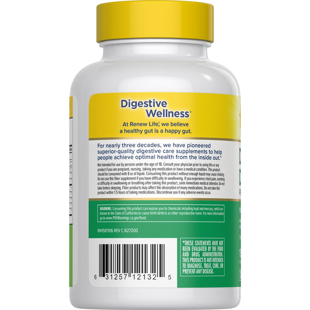 RNL244 | back of supplement bottle label showing product facts, barcode and Daily Digest Prebiotic branding