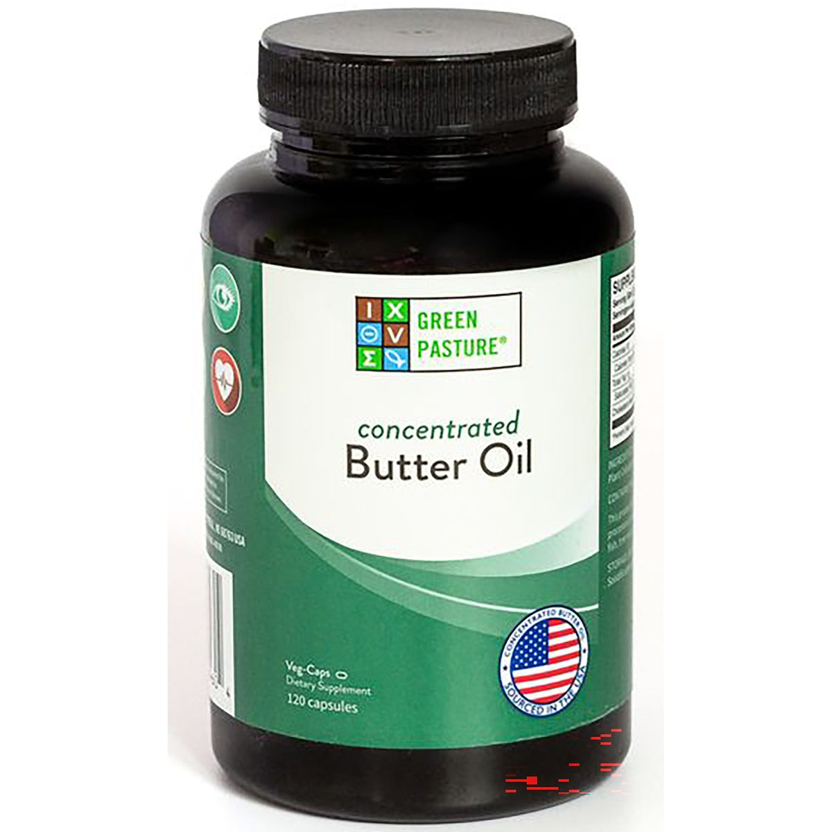 GRP012 | Dark green supplement bottle labeled GREEN PASTURE concentrated Butter Oil, 120 capsules