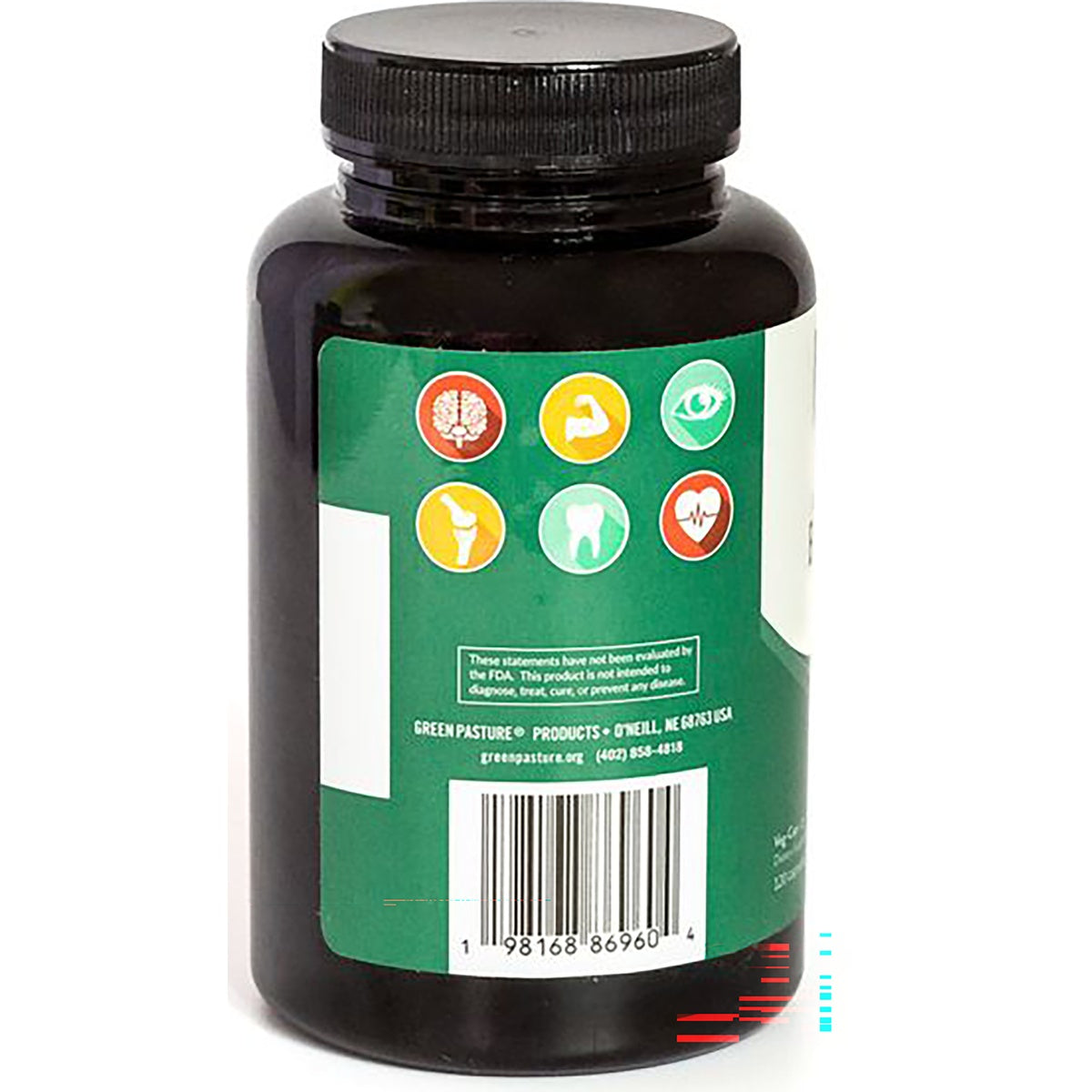 GRP012 | Back of Green Pasture Products bottle with supplement facts, icons, and barcode