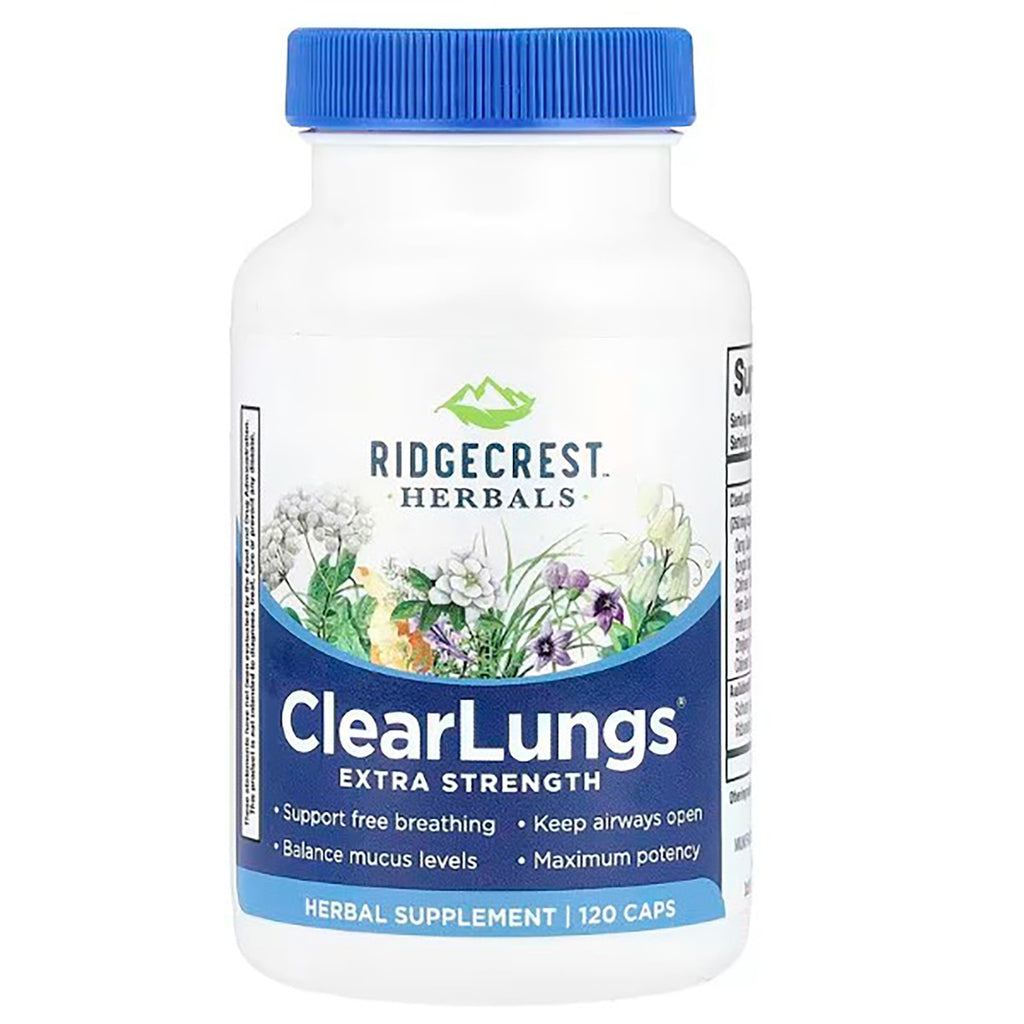 PH077 | Ridgecrest Herbals ClearLungs extra strength supplement bottle label, 120 vegan capsules - Thumbnail