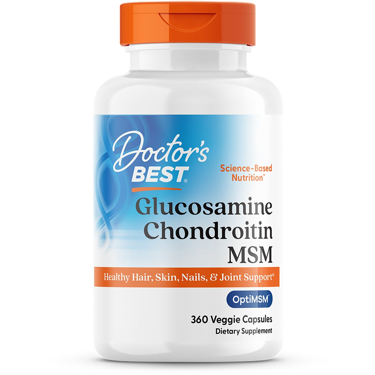 DB238 | Doctor's Best Glucosamine Chondroitin MSM white bottle with orange cap labeled 360 Capsules dietary supplement