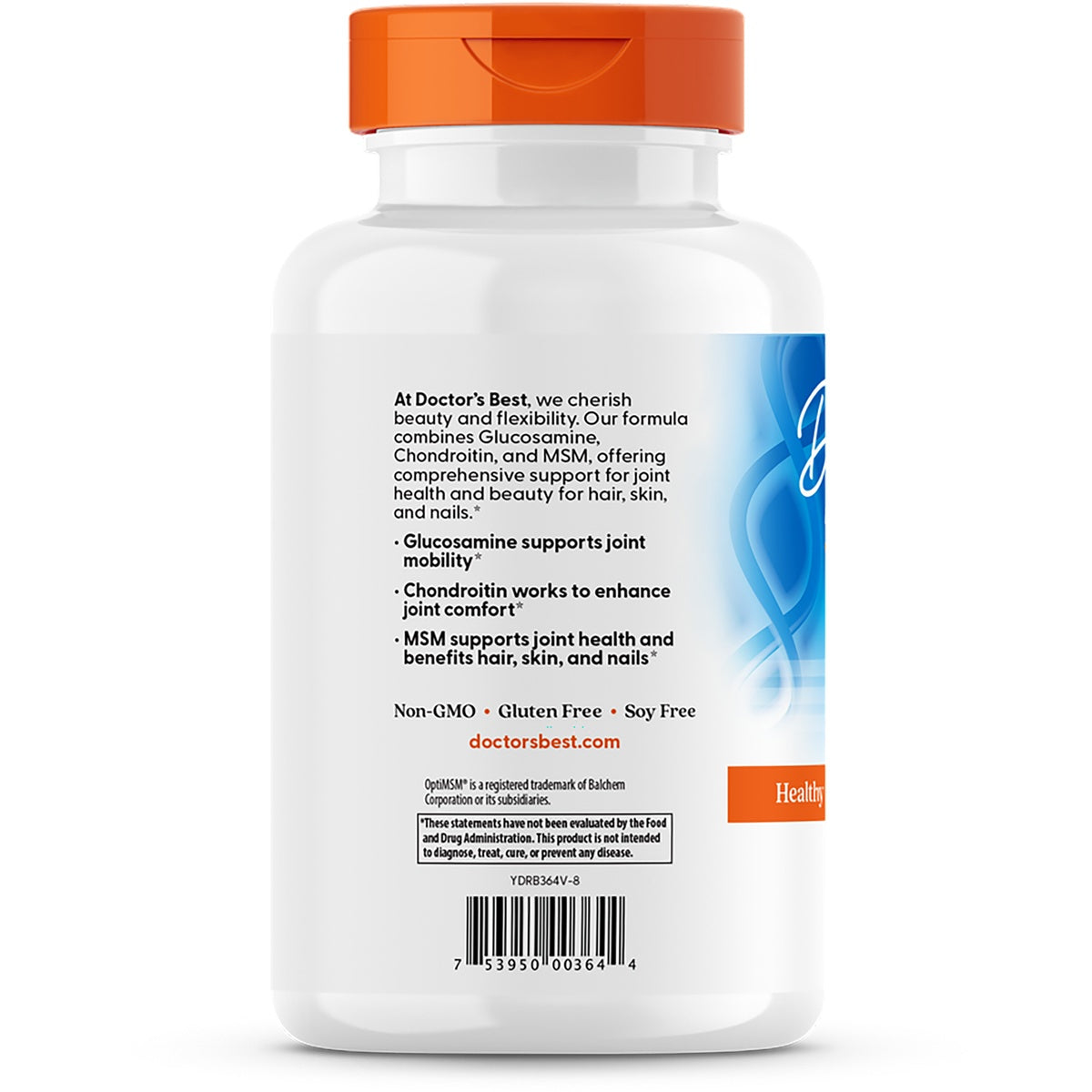 DB238 | Back label of white supplement bottle listing Glucosamine, Chondroitin, MSM benefits, Non-GMO, and barcode