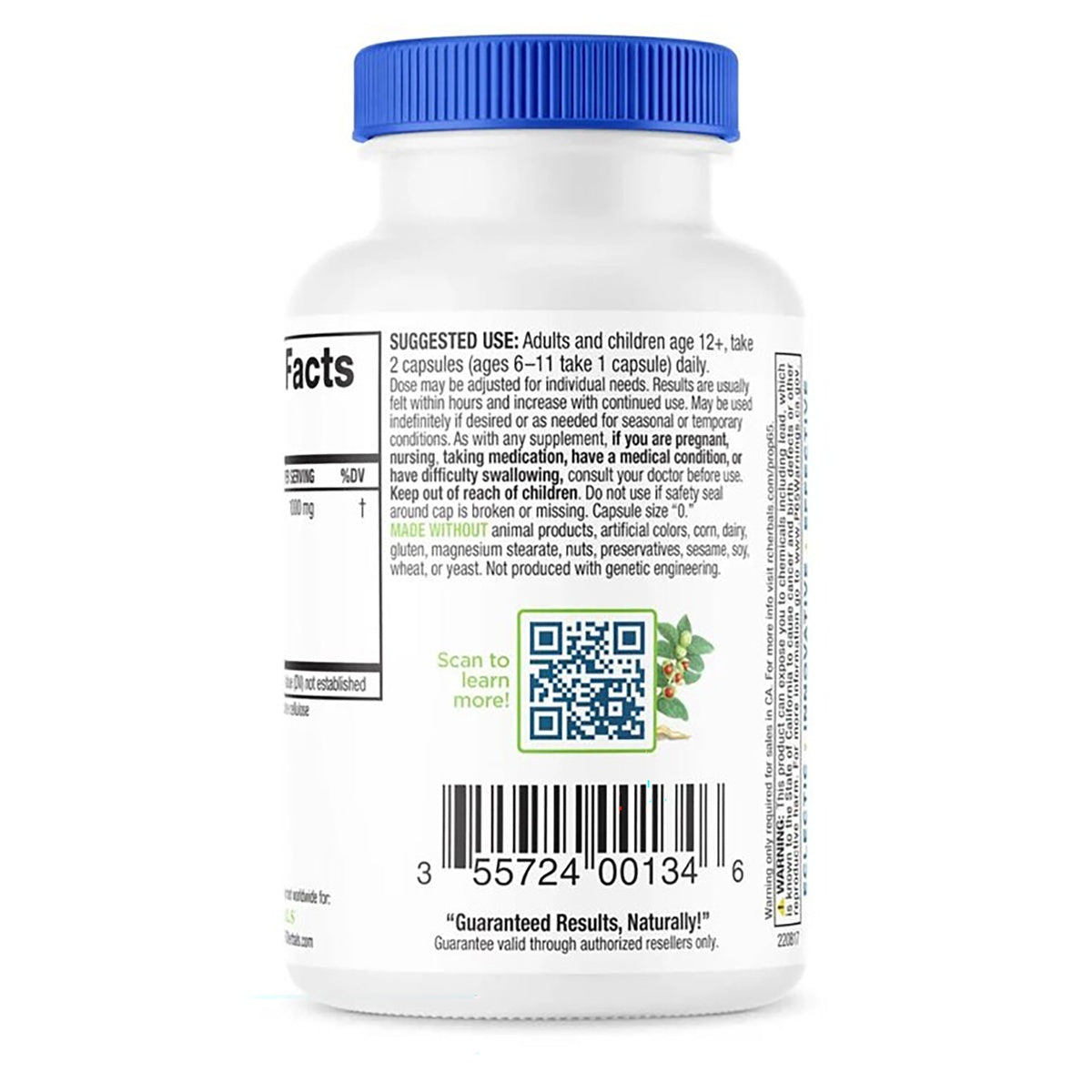 PH055 | back of white supplement bottle showing ingredients, directions, barcode and QR code