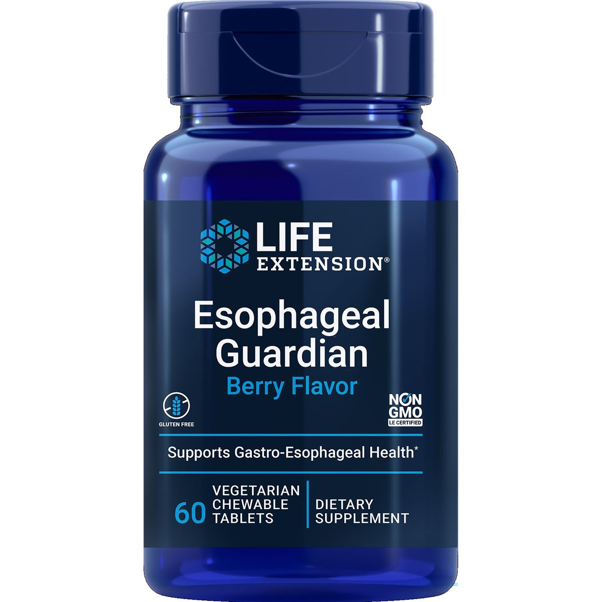 LE566 | Life Extension Esophageal Guardian Berry Flavor bottle front label showing 60 chewable tablets dietary supplement