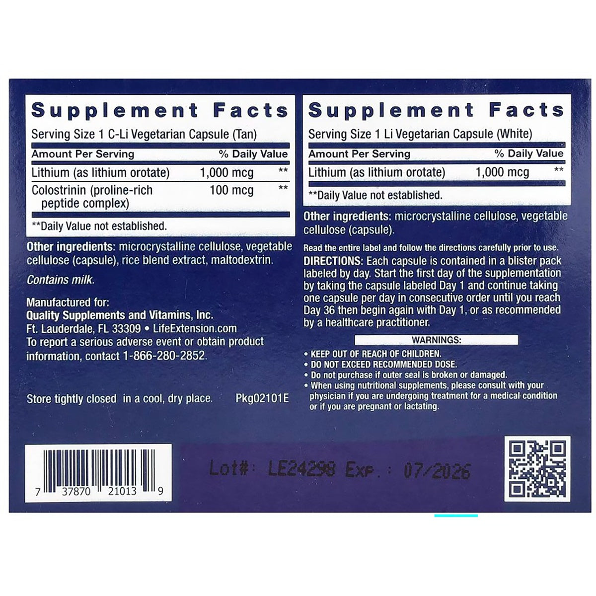 LE418 | Back panel showing supplement facts, ingredients, directions, barcode and warnings