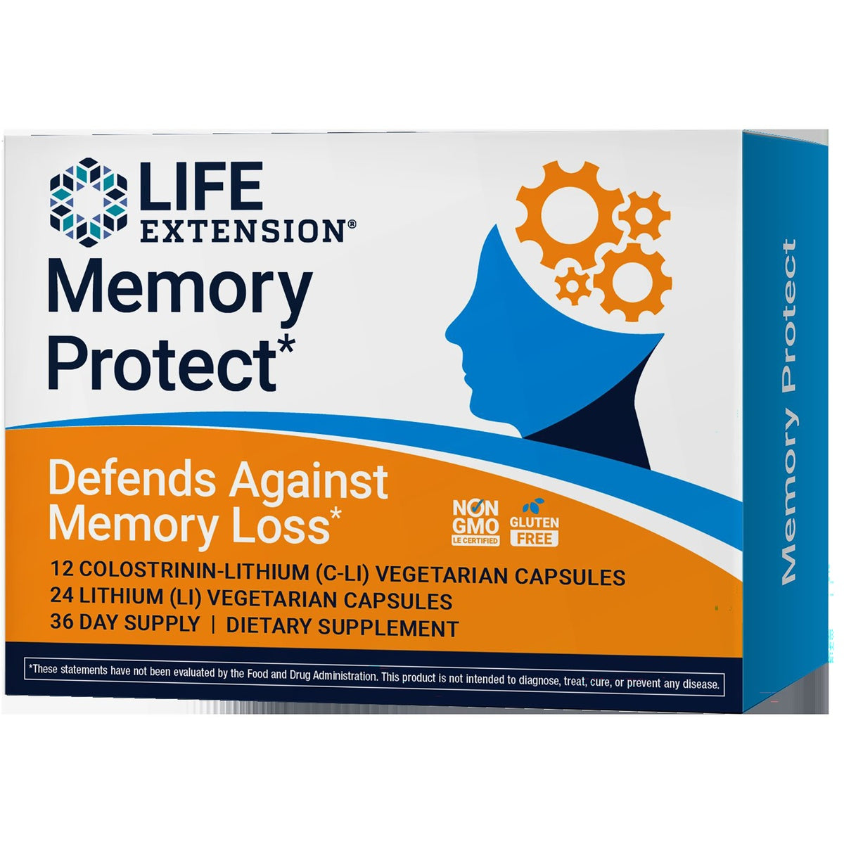 LE418 | Life Extension Memory Protect box labeled Defends Against Memory Loss 36 day supply vegetarian capsules