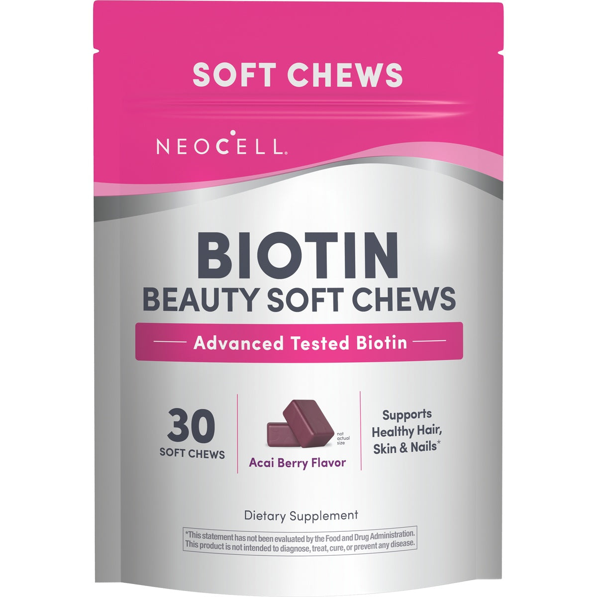 NEC020 | Neocell Biotin beauty soft chews pouch, acai berry flavor, 30 soft chews