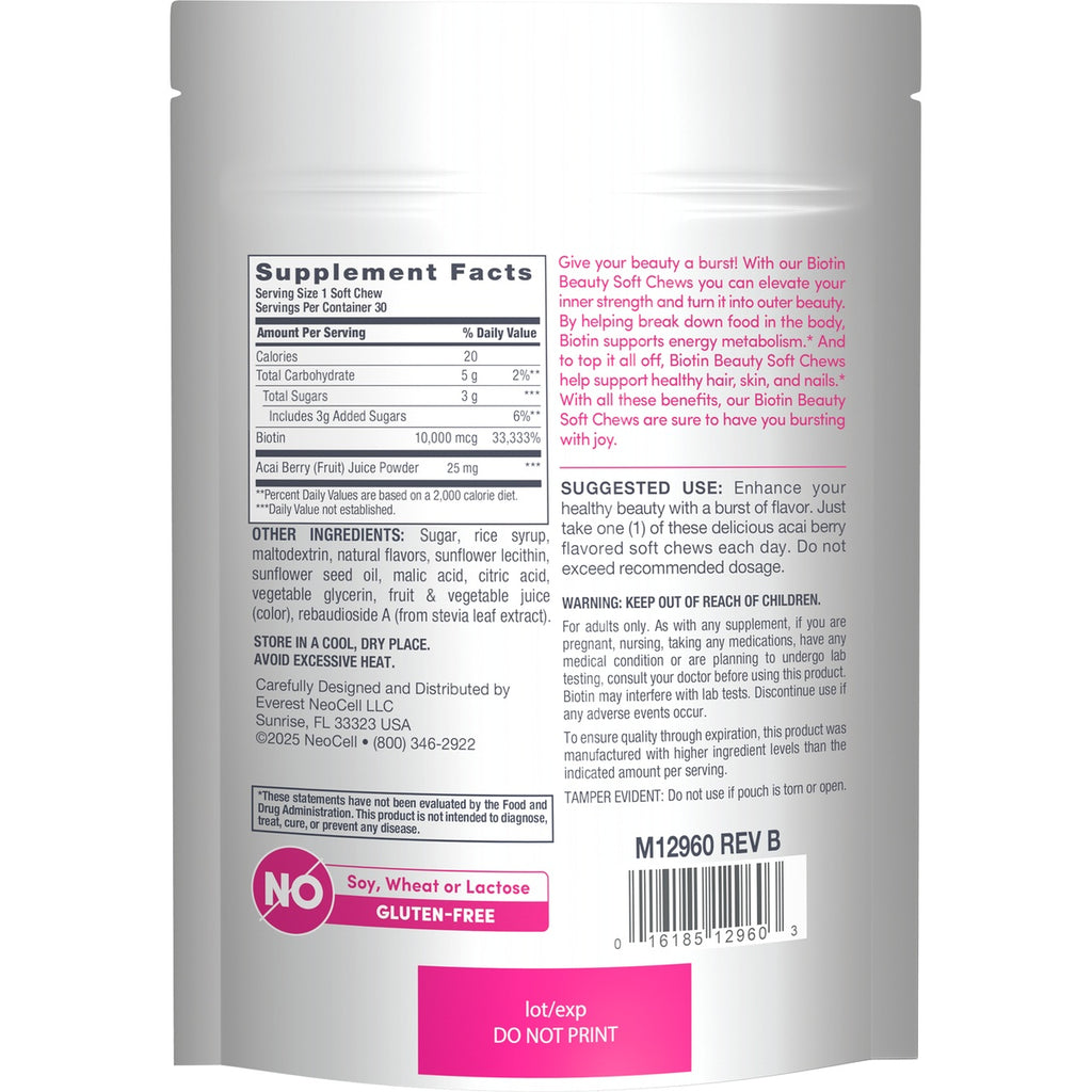NEC020 | Back of NeoCell Biotin Beauty Soft Chews pouch with Supplement Facts, ingredients, and use directions - Thumbnail