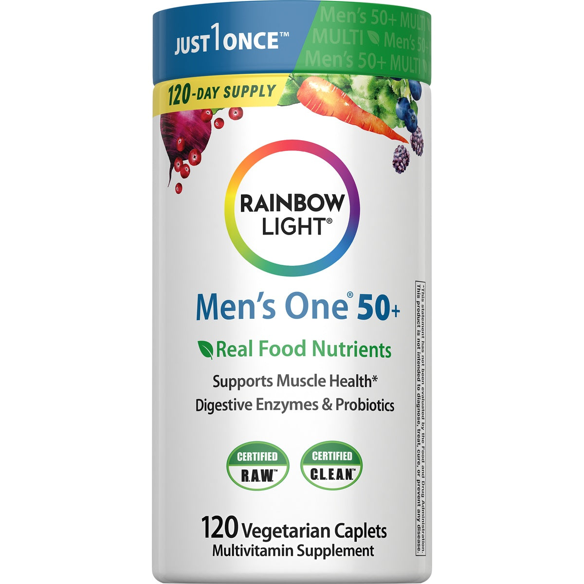 RBL164 | Rainbow Light High Potency Men's One 50+ daily multivitamin bottle with green cap, 120 vegetarian tablets