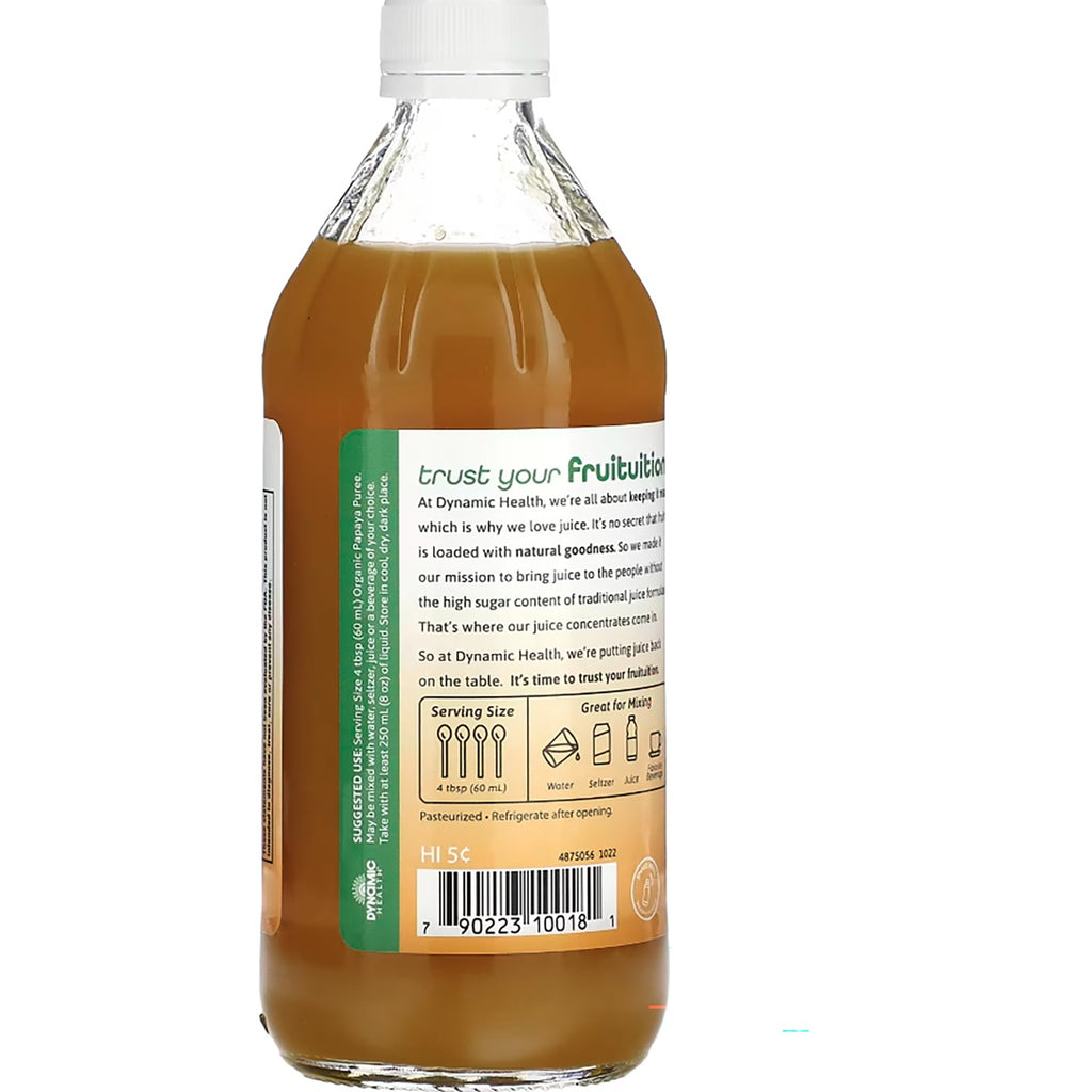 DYH048 | Back label of Dynamic Health organic papaya puree juice concentrate bottle with serving instructions and barcode - Thumbnail
