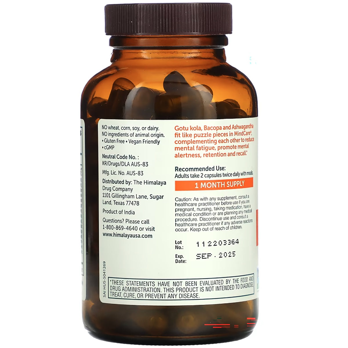 HHH042 | Back of supplement bottle label with ingredients, recommended use, warnings, and 1 month supply