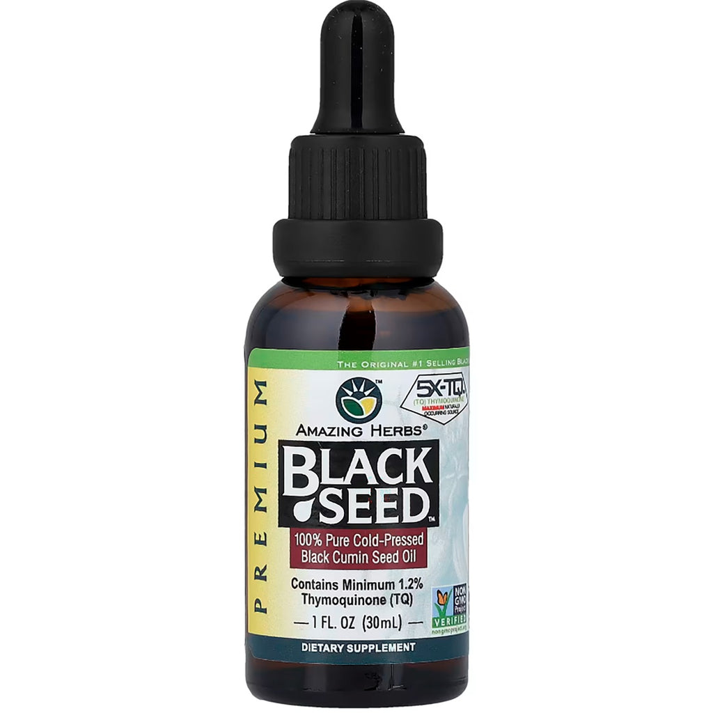 AZH009 | amber dropper bottle labeled BLACK SEED 100% Pure Cold-Pressed Black Cumin Seed Oil - Thumbnail