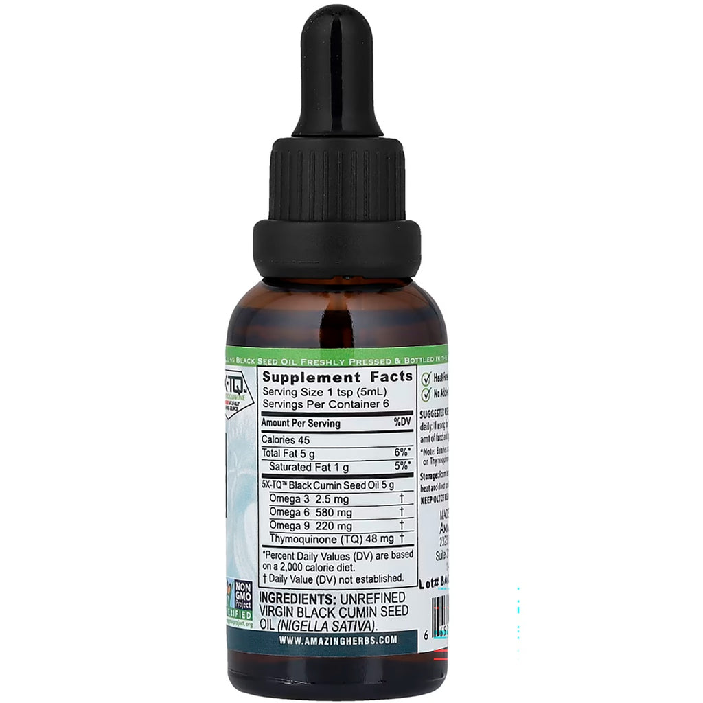 AZH009 | Bottle of black cumin seed oil supplement with dropper and Supplement Facts label - Thumbnail