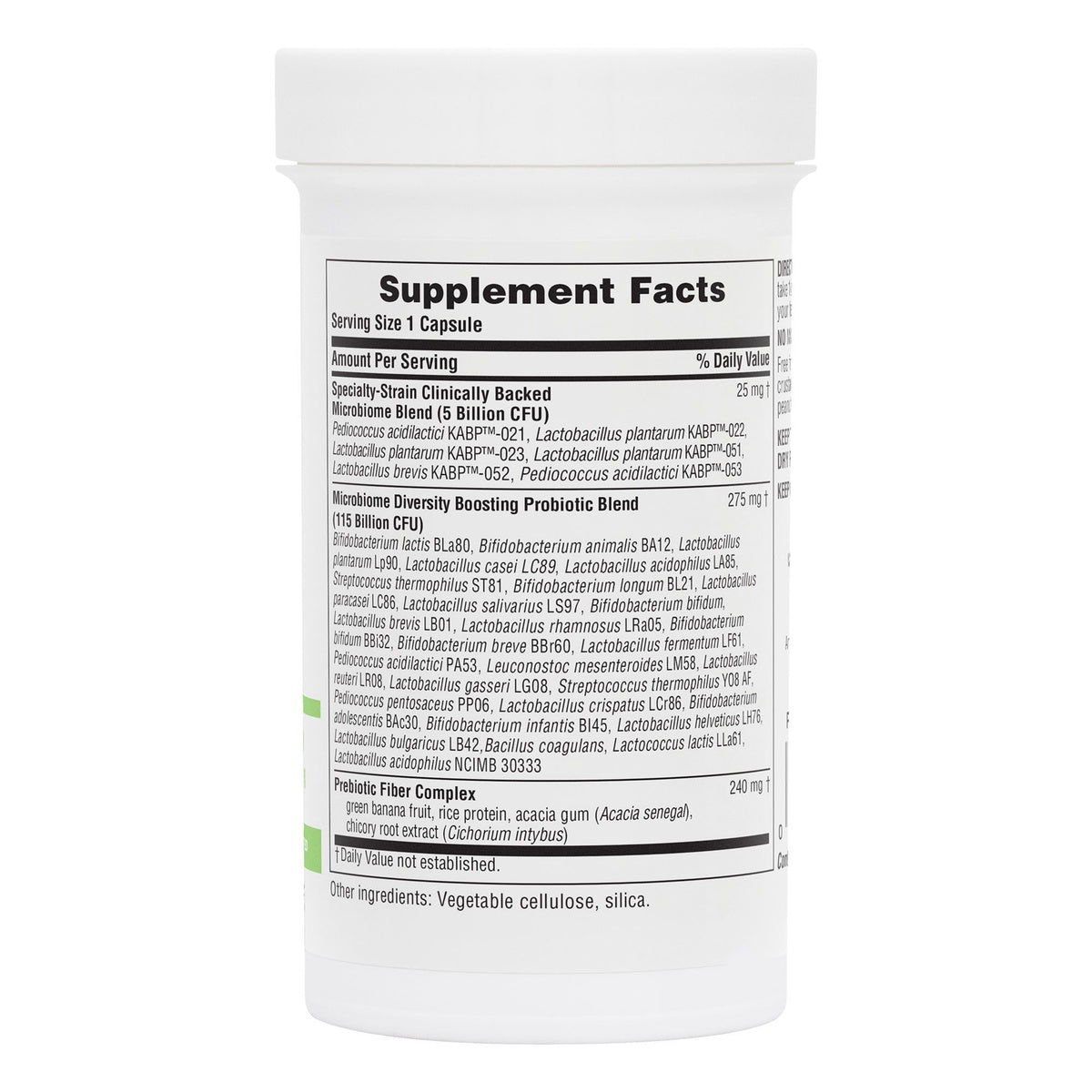 NTP359 | Supplement Facts panel on probiotic supplement bottle showing ingredients and serving size