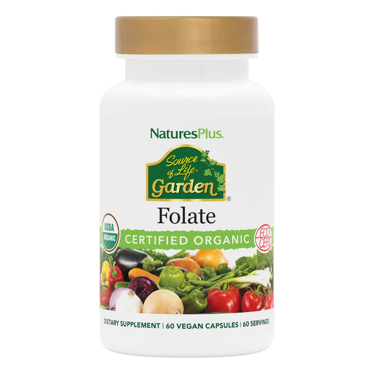 NTP357 | NaturesPlus Source of Life Garden Folate bottle with certified organic vegetable imagery