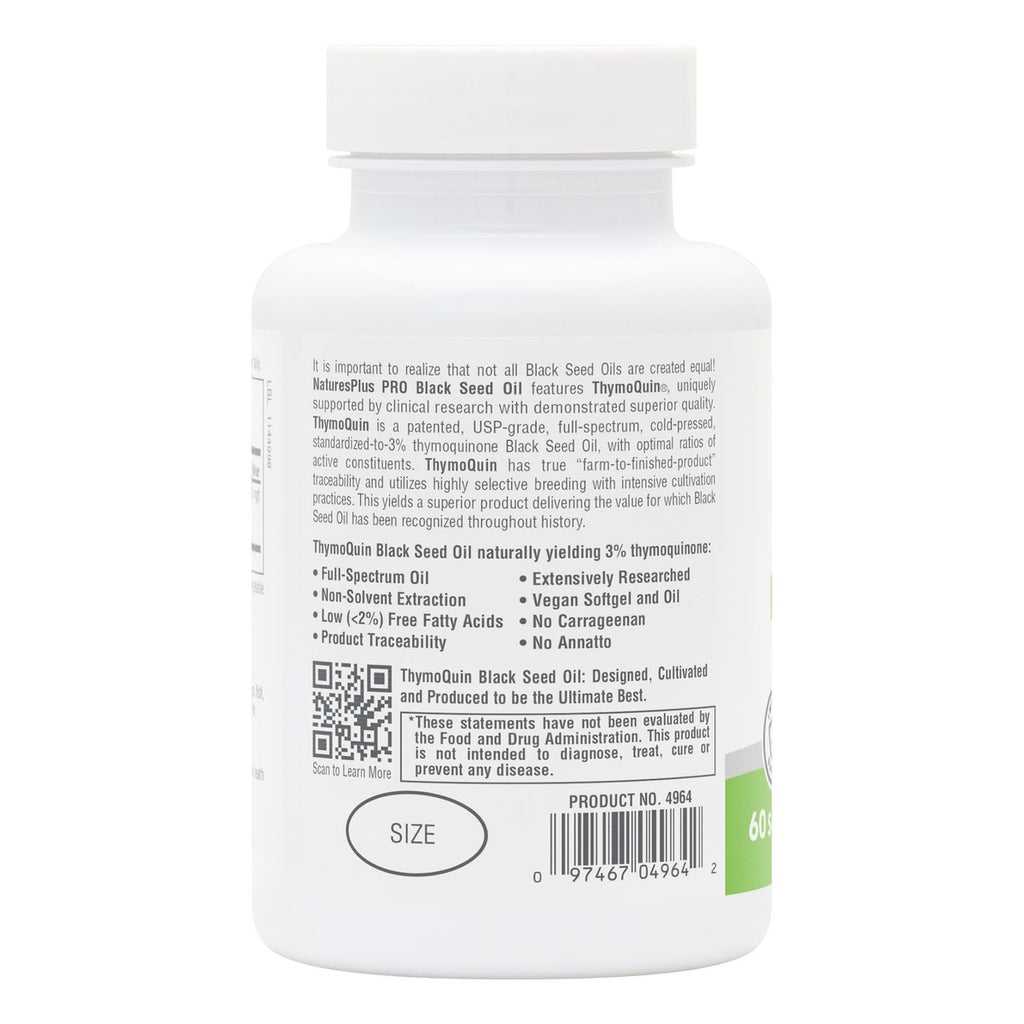 NTP356 | Back label of NaturesPlus Pro Black Seed Oil bottle with product details, benefits, QR code, and barcode - Thumbnail