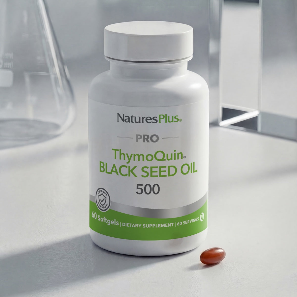 NTP356 | NaturesPlus Pro ThymoQuin Black Seed Oil 500 softgels bottle with one softgel