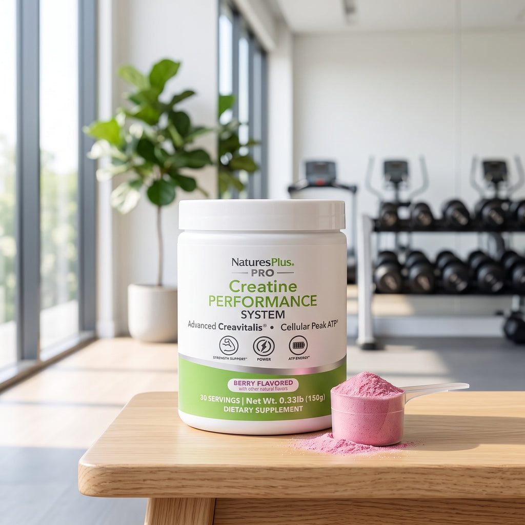 NTP355 | NaturesPlus Pro Creatine Performance System berry flavored supplement jar with pink powder scoop - Thumbnail