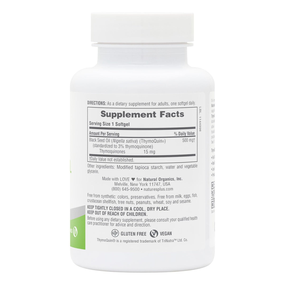 NTP356 | Back label of supplement bottle with Supplement Facts, directions, ingredients, and vegan gluten-free icons