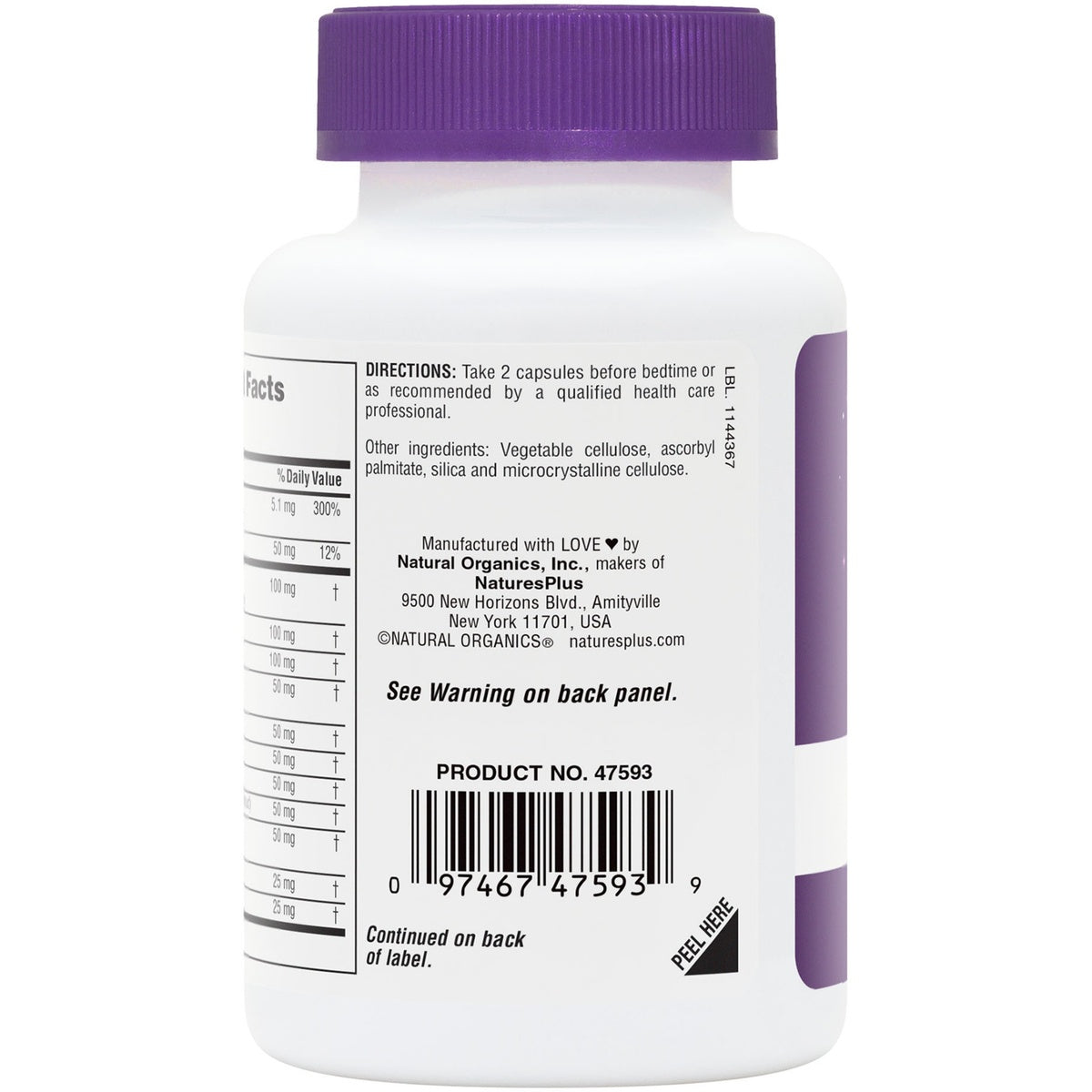 NTP354 | Back label of a Natural Organics supplement bottle with directions, ingredients, and Supplement Facts