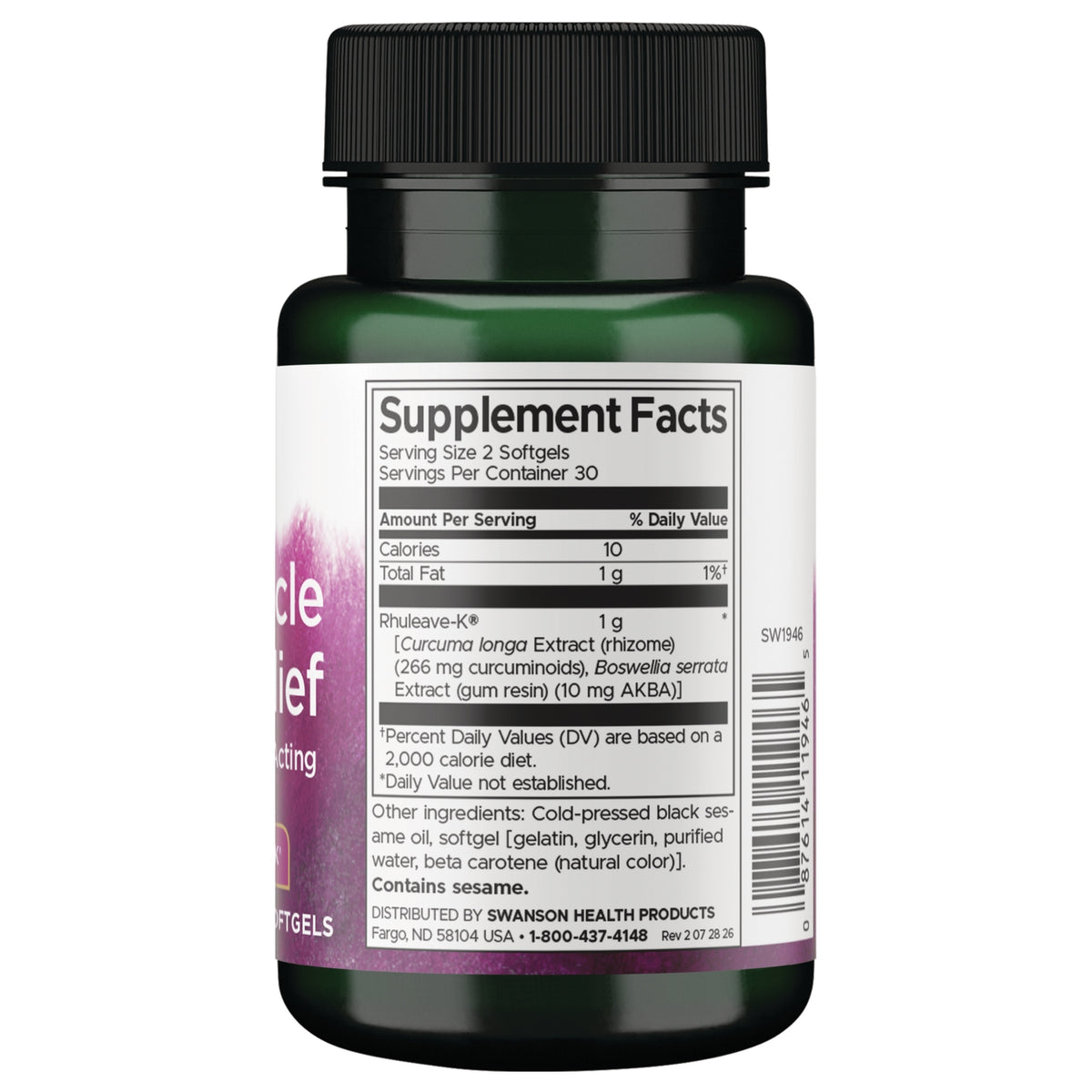 SW1946 | Back label showing Supplement Facts panel, ingredient list, contains sesame notice and barcode on green bottle
