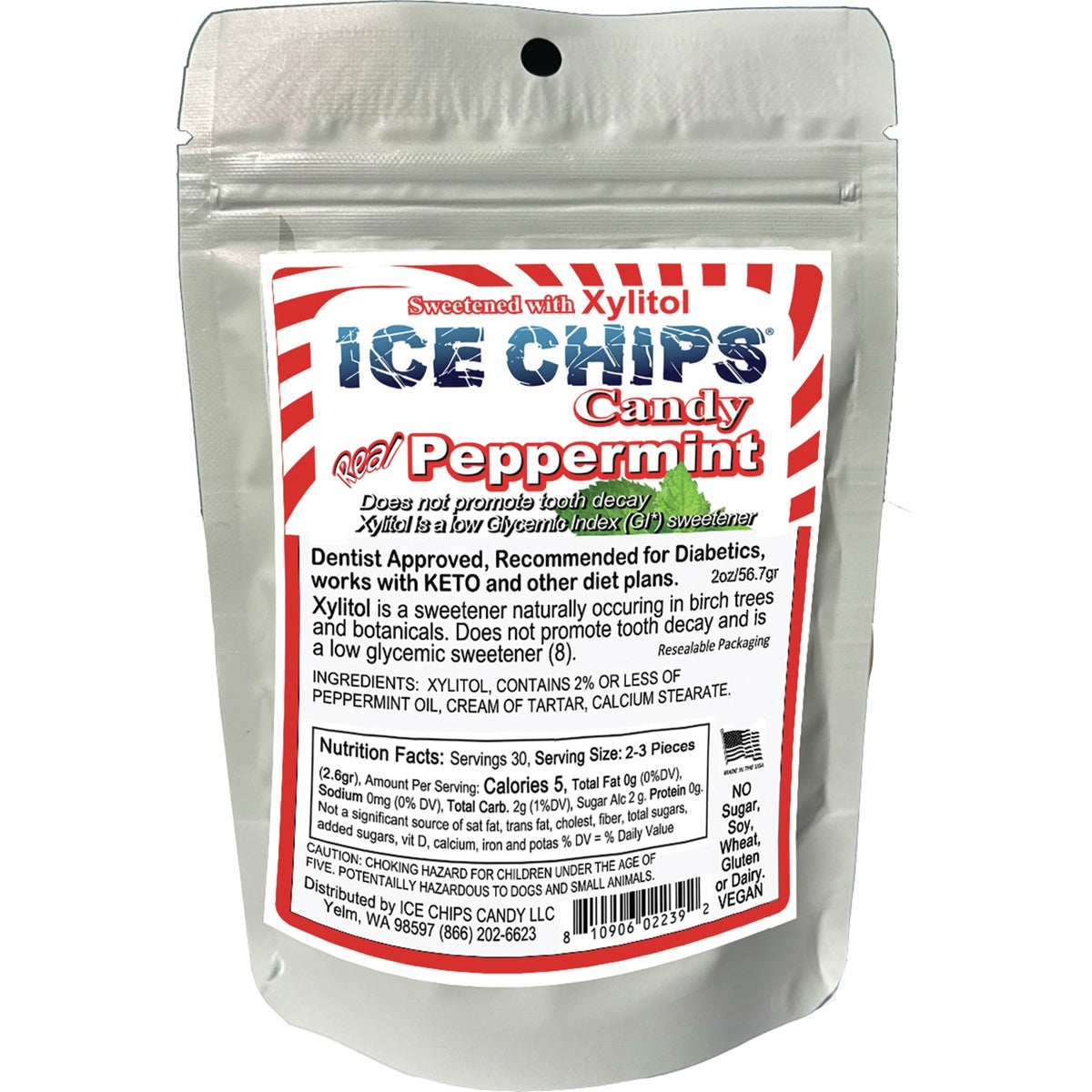 IC016 | Resealable pouch of Ice Chips Candy Real Peppermint xylitol candy with nutrition facts visible