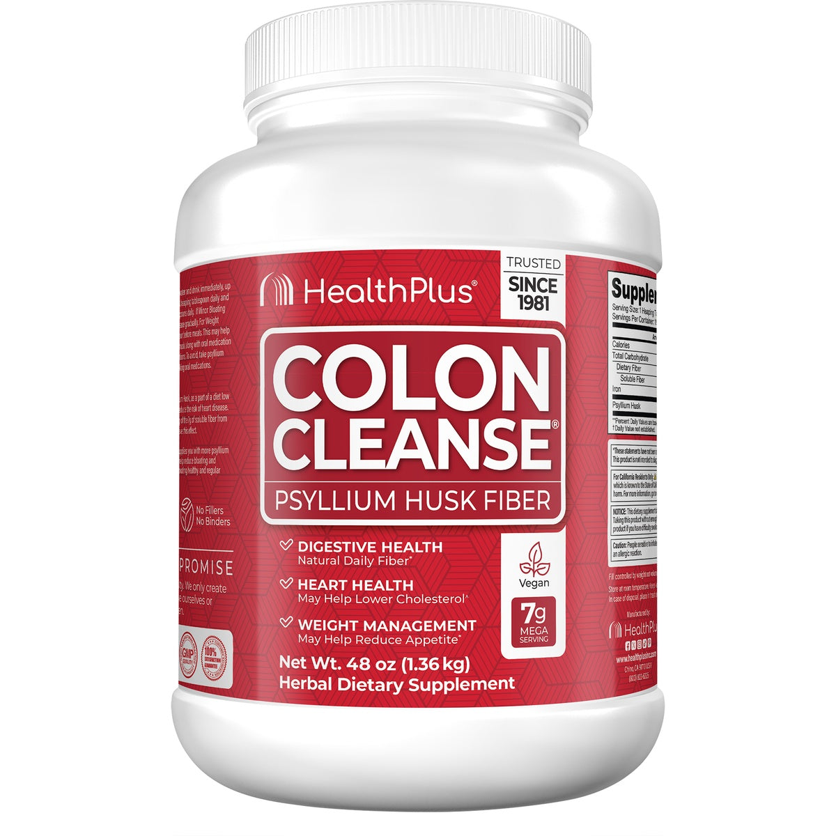 HP009 | HealthPlus Original Colon Cleanse supplement tub with red label reading ORIGINAL COLON CLEANSE, psyllium husk