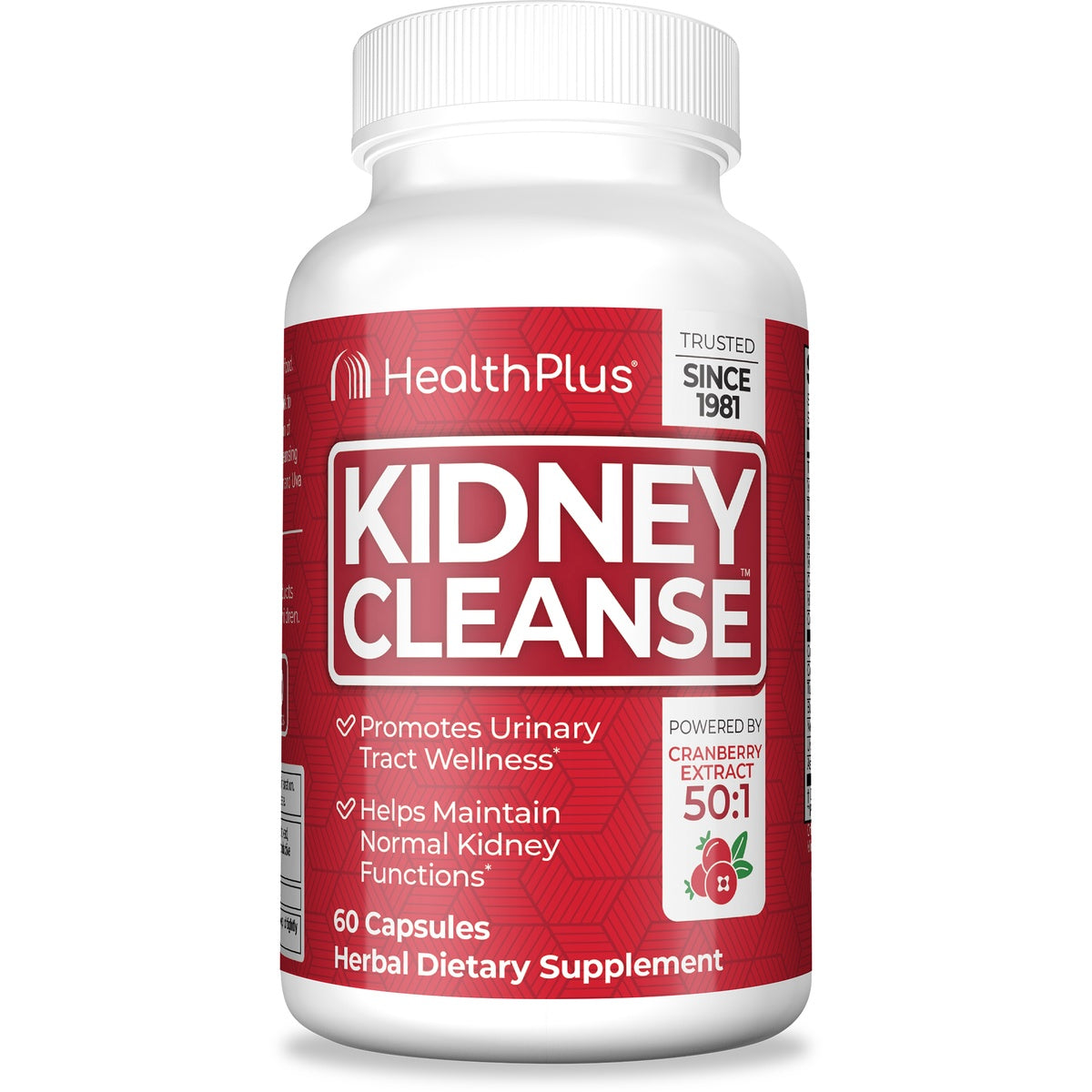 HP005 | HealthPlus Kidney Cleanse dietary supplement bottle, red label showing cranberry illustration, 60 capsules
