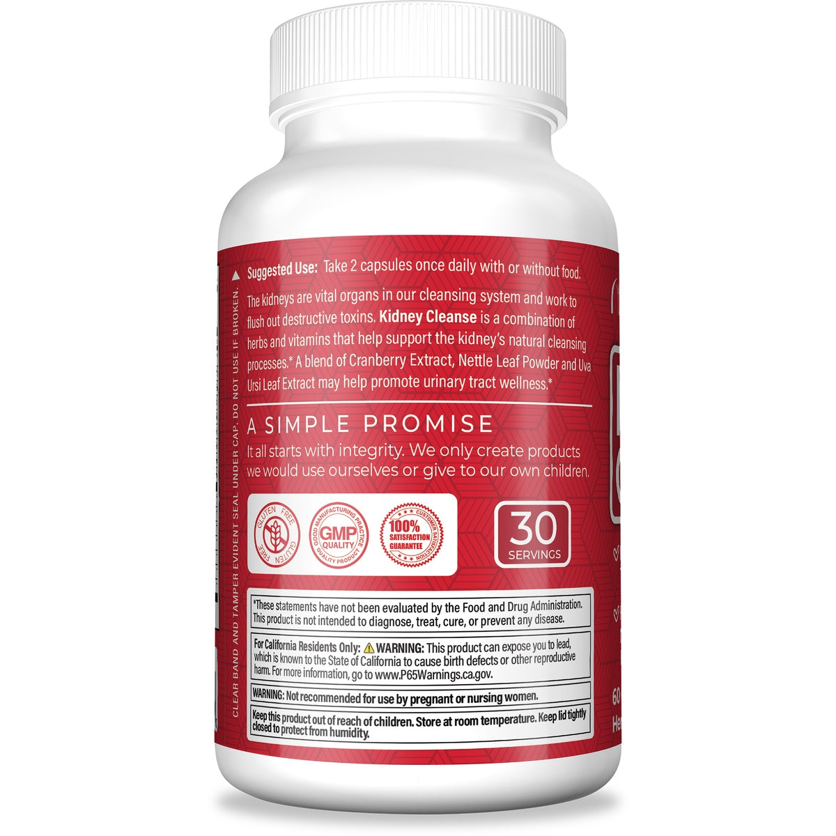 HP005 | Back of white supplement bottle showing Supplement Facts panel, ingredients list, barcode and cranberry graphic