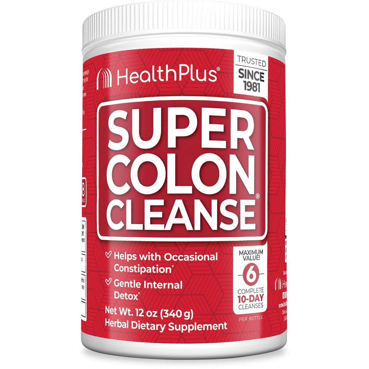 HP012 | HealthPlus Super Colon Cleanse red 12 oz supplement container front label with yellow flowers