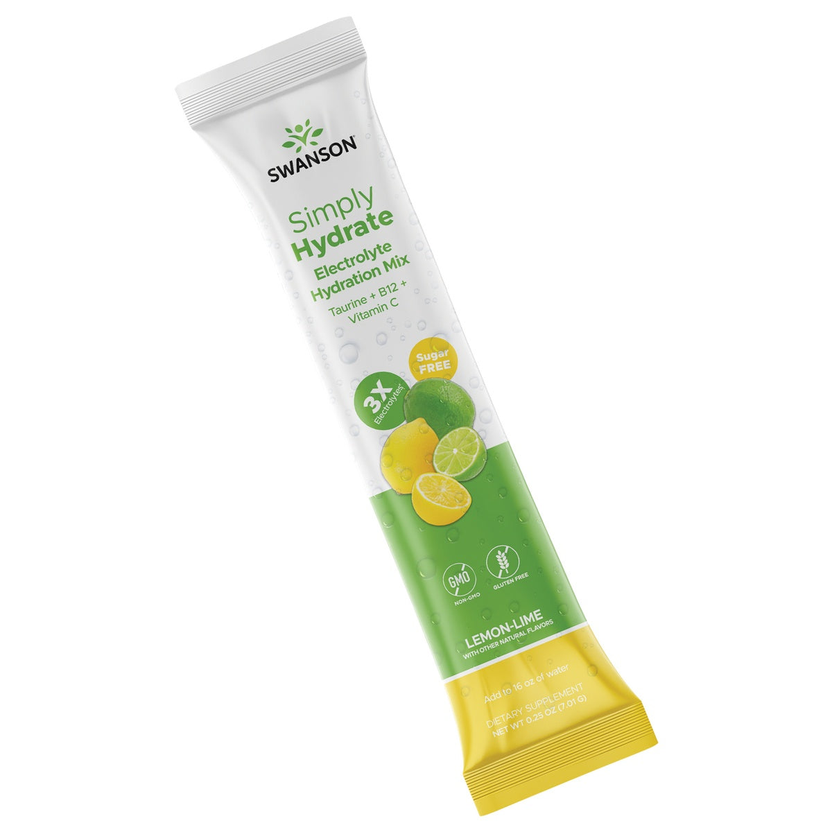 SW1942 A vertical advertisement for Swanson's Simply Hydrate Electrolyte Hydration Mix features a white tube with green and yellow accents, displaying the product name and key benefits such as '3X electrolytes' and 'sugar free.' The tube is positioned slightly tilted to the right, with a sliced lime and lemon placed beside it, emphasizing the lemon-lime flavor.