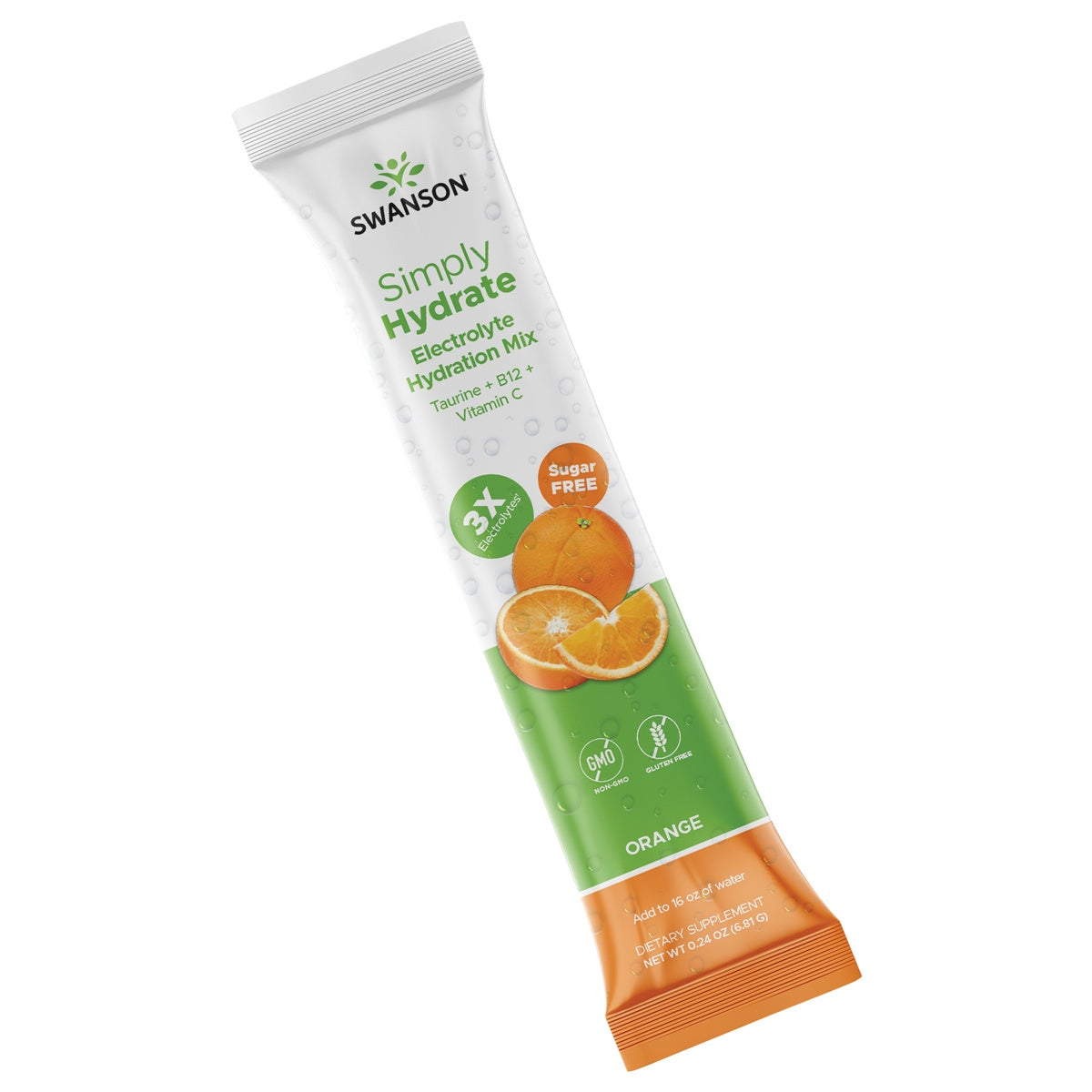 SW1941 A promotional image for Swanson's Simply Hydrate Electrolyte Hydration Mix features a white tube with green and orange accents, positioned at an angle with the top slightly tilted to the right. The tube displays the product name, key benefits such as '3X electrolytes' and 'sugar free,' and icons indicating non-GMO, gluten-free, vegan, and zero calorie. To the left of the tube, there is a fresh orange slice and a halved orange, emphasizing the citrus flavor.