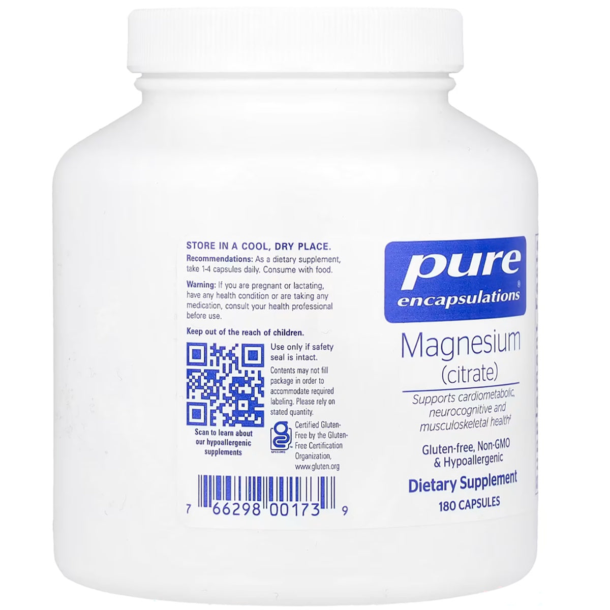 PRN029 | Back label of Pure Encapsulations Magnesium citrate bottle with directions, warnings, QR code, and 180 capsules