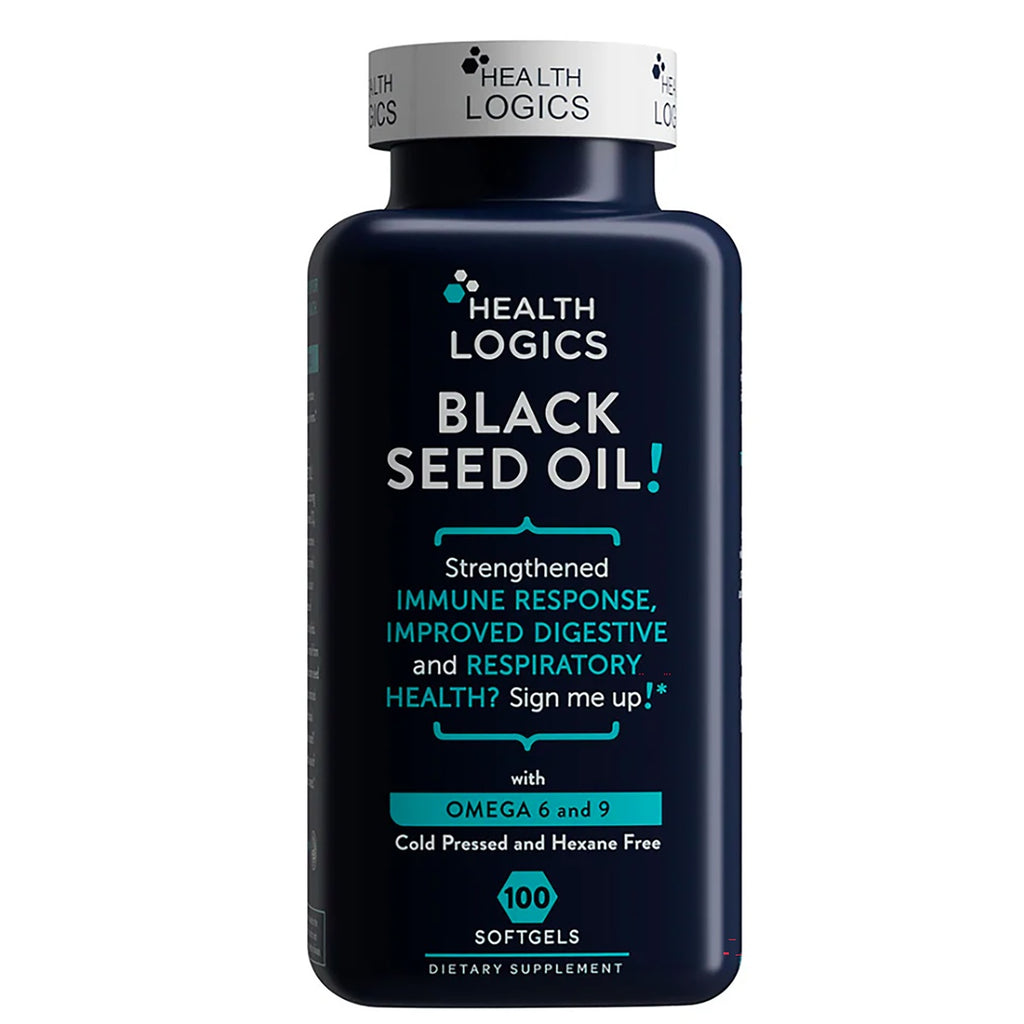 HLG005 | Bottle of Black Seed Oil dietary supplement with red label reading 100 Soft Gels - Thumbnail