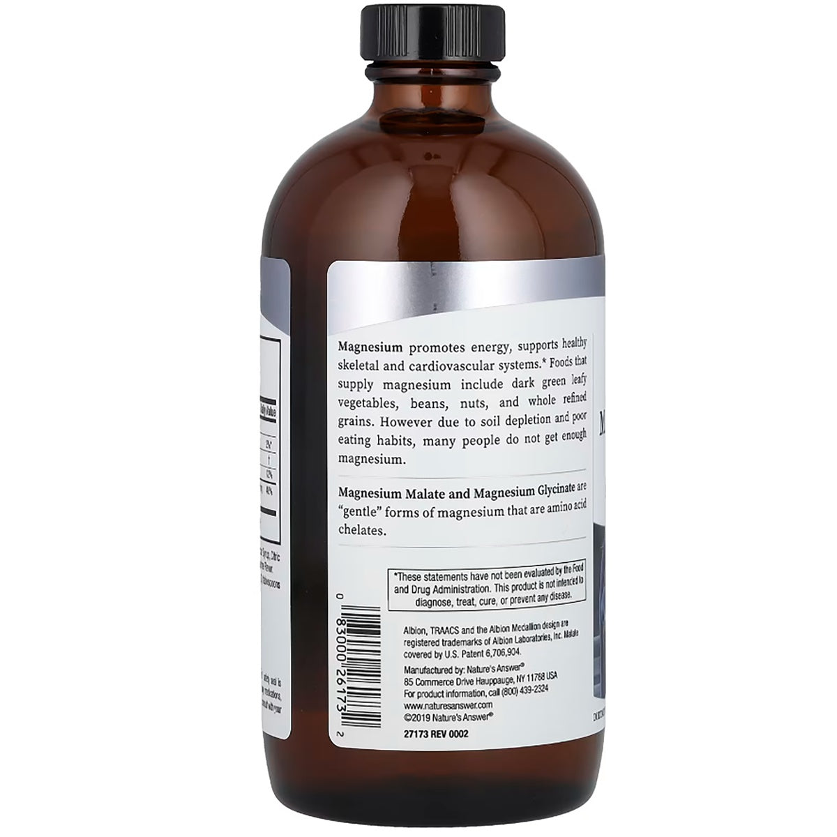 NAT108 | Back label of a Nature's Answer magnesium supplement bottle with product information and disclaimer