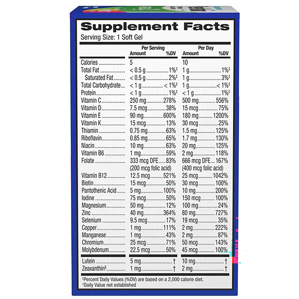 BNL027 | Supplement Facts panel for a soft gel multivitamin with vitamins, minerals, lutein, and zeaxanthin - Thumbnail