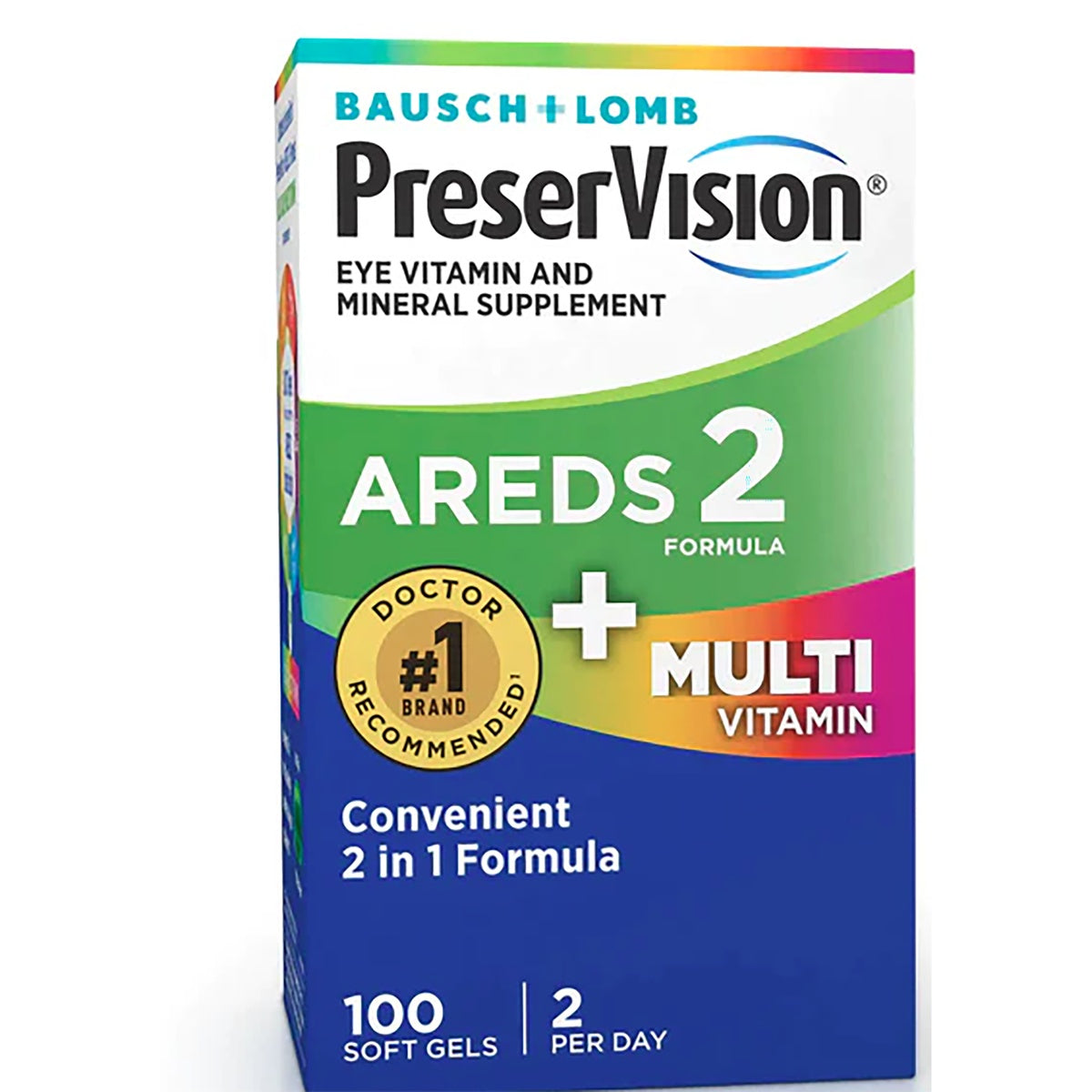 BNL027 | PreserVision AREDS 2 + Multi vitamin box and bottle, 100 soft gels eye vitamin and mineral supplement