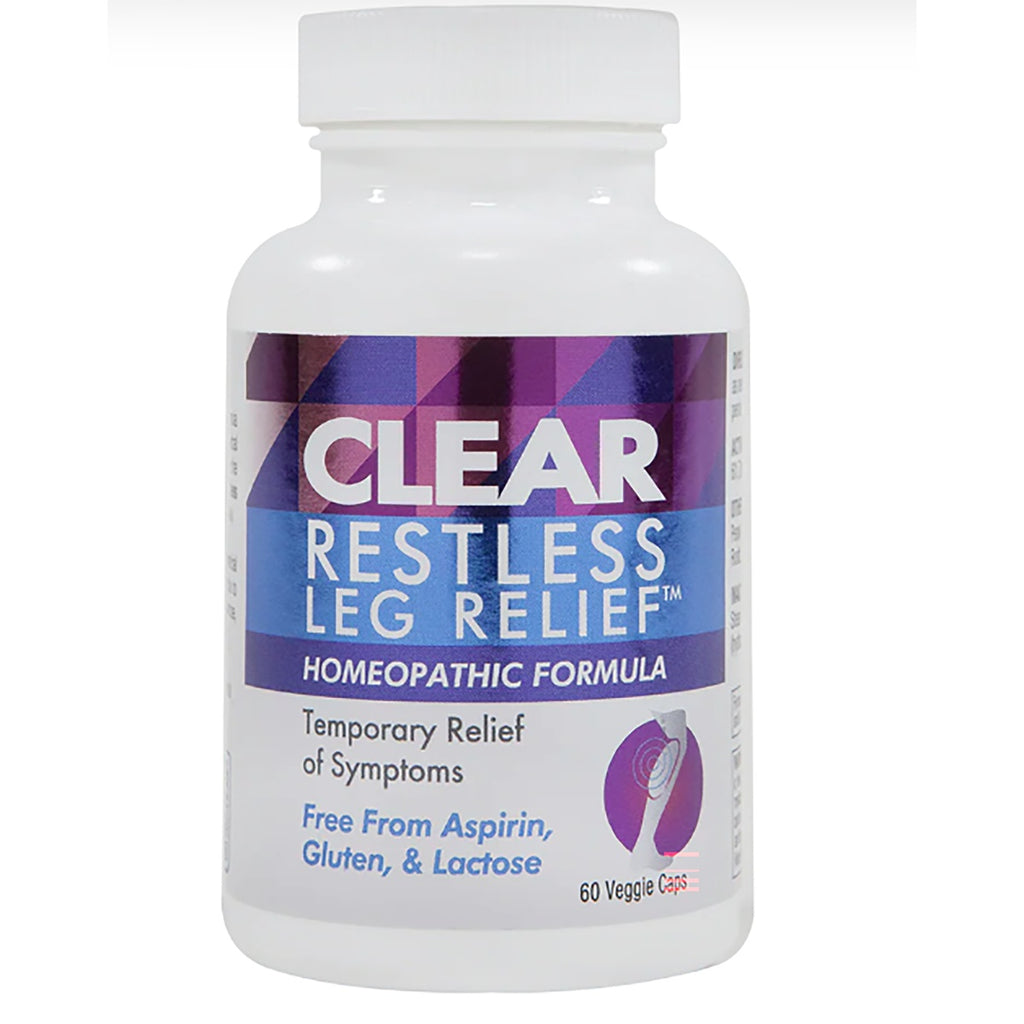 CLP006 | White bottle labeled CLEAR RESTLESS LEG RELIEF Homeopathic Formula, 60 capsules, vegi-caps, aspirin gluten and lactose free - Thumbnail