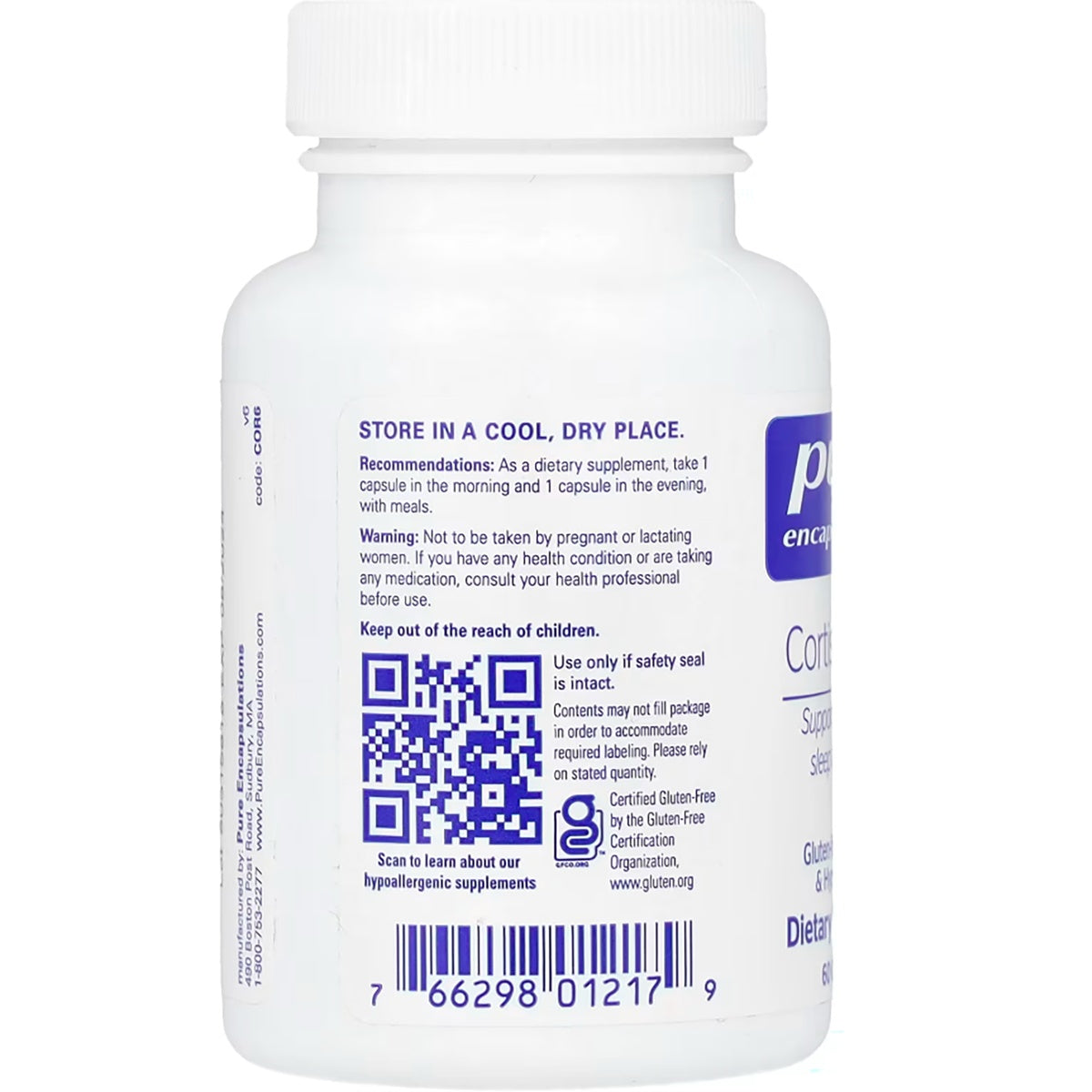 PRN163 | Back label of a white supplement bottle with QR code, directions, warnings, and barcode