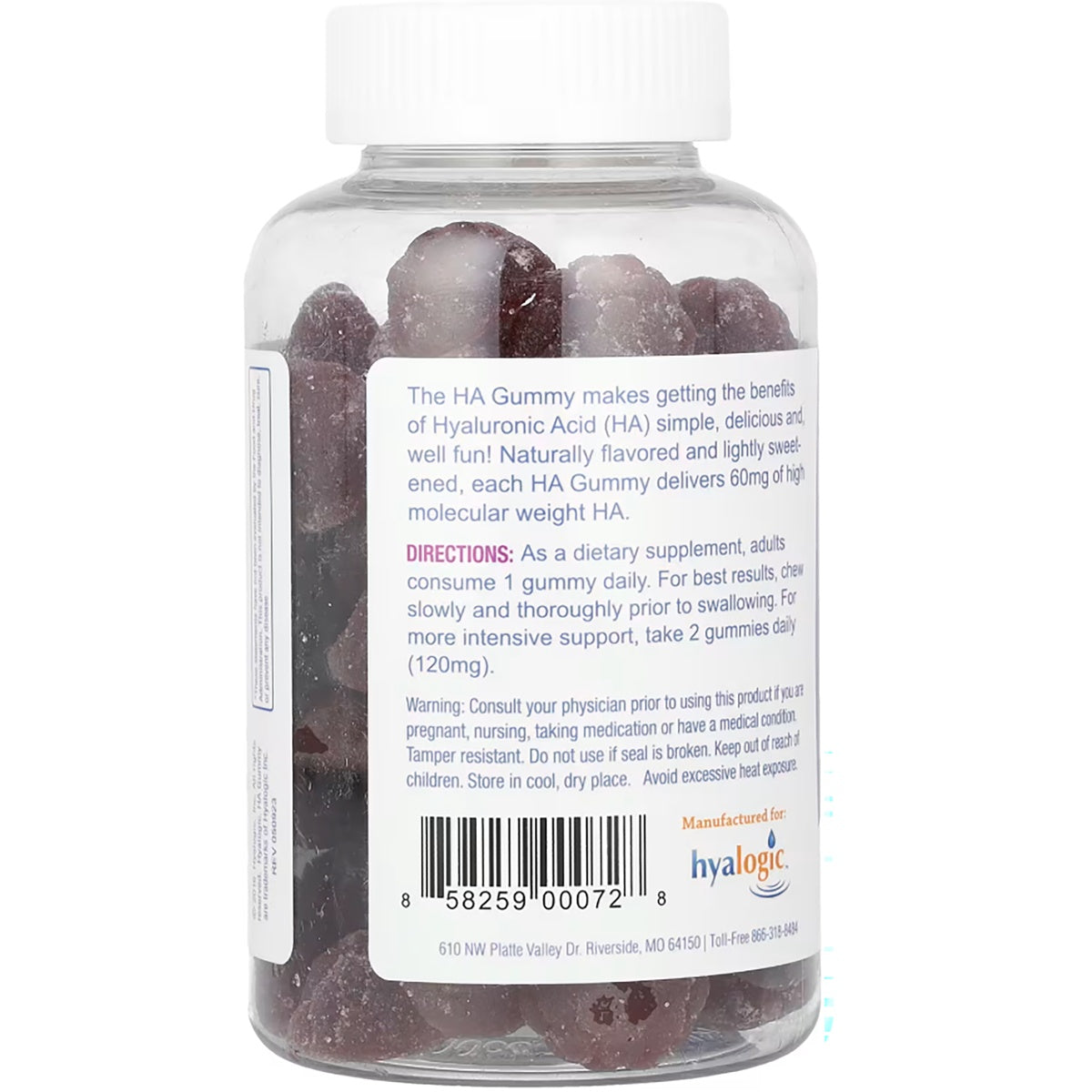 HYL007 | Supplement Facts panel on a bottle of hyaluronic acid gummies with 60 day supply and gluten free claims