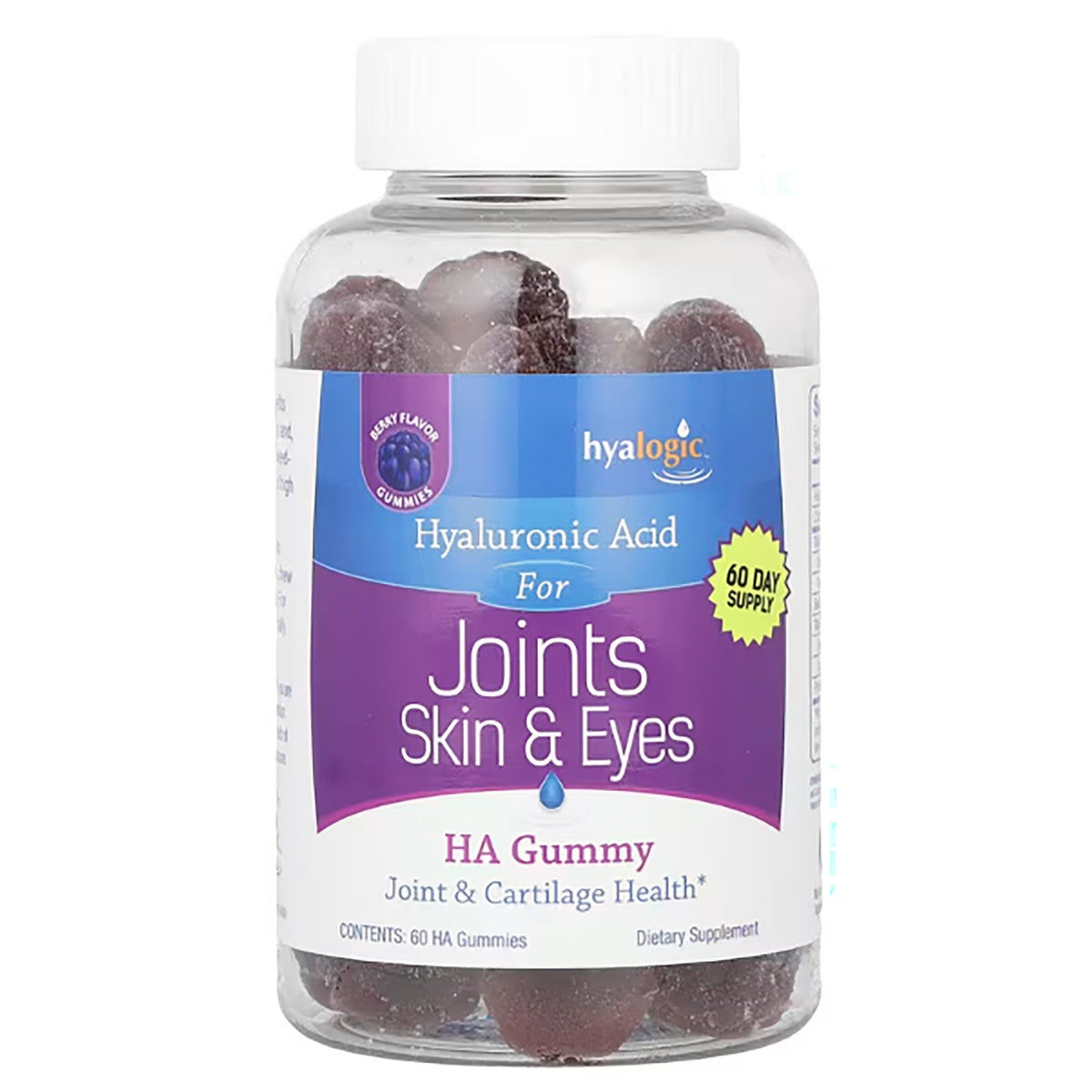 HYL007 | Hyaluronic Acid HA gummy bottle labeled Joints Skin & Eyes 60 day supply berry flavor
