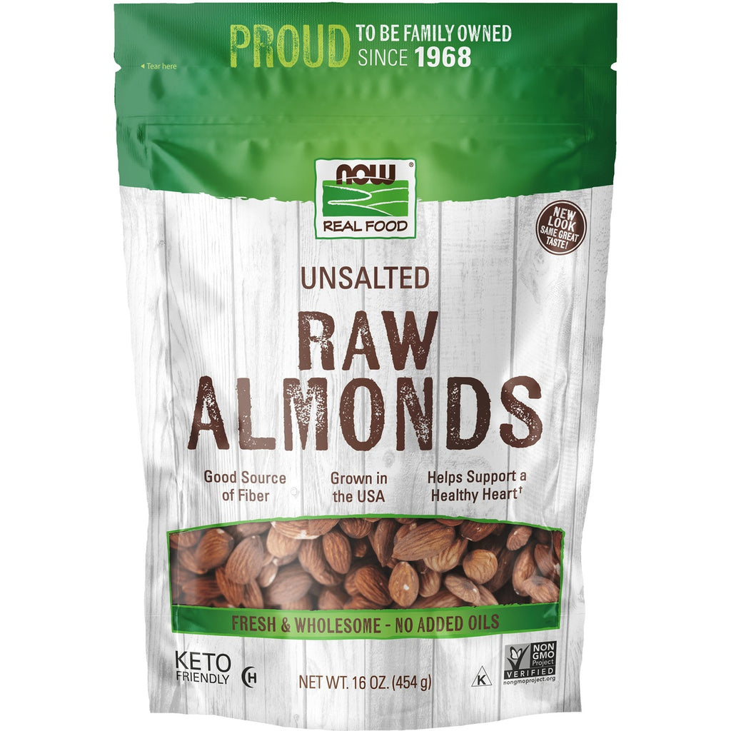 NWF927 | Now Real Food raw unsalted almonds 16 oz bag front packaging labeled Always Non-GMO - Thumbnail