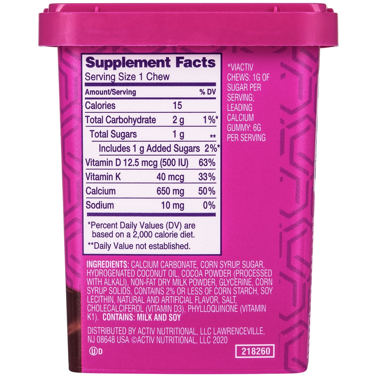 MCN009 | Back label of a pink Activ nutritional supplement pouch with Supplement Facts and ingredients