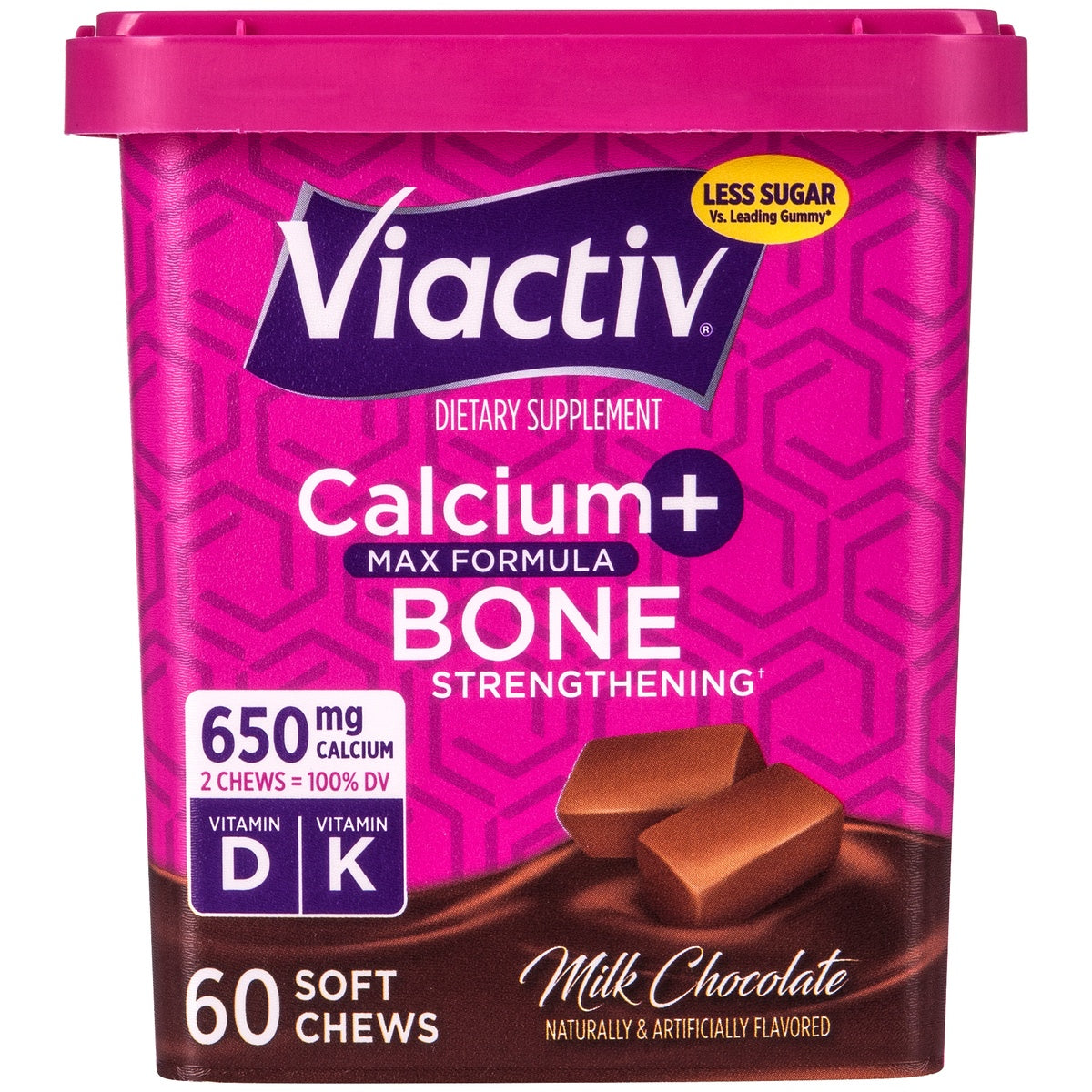 MCN009 | Viactiv Calcium plus D 60-count milk chocolate soft chews tub front showing label and nutrient icons